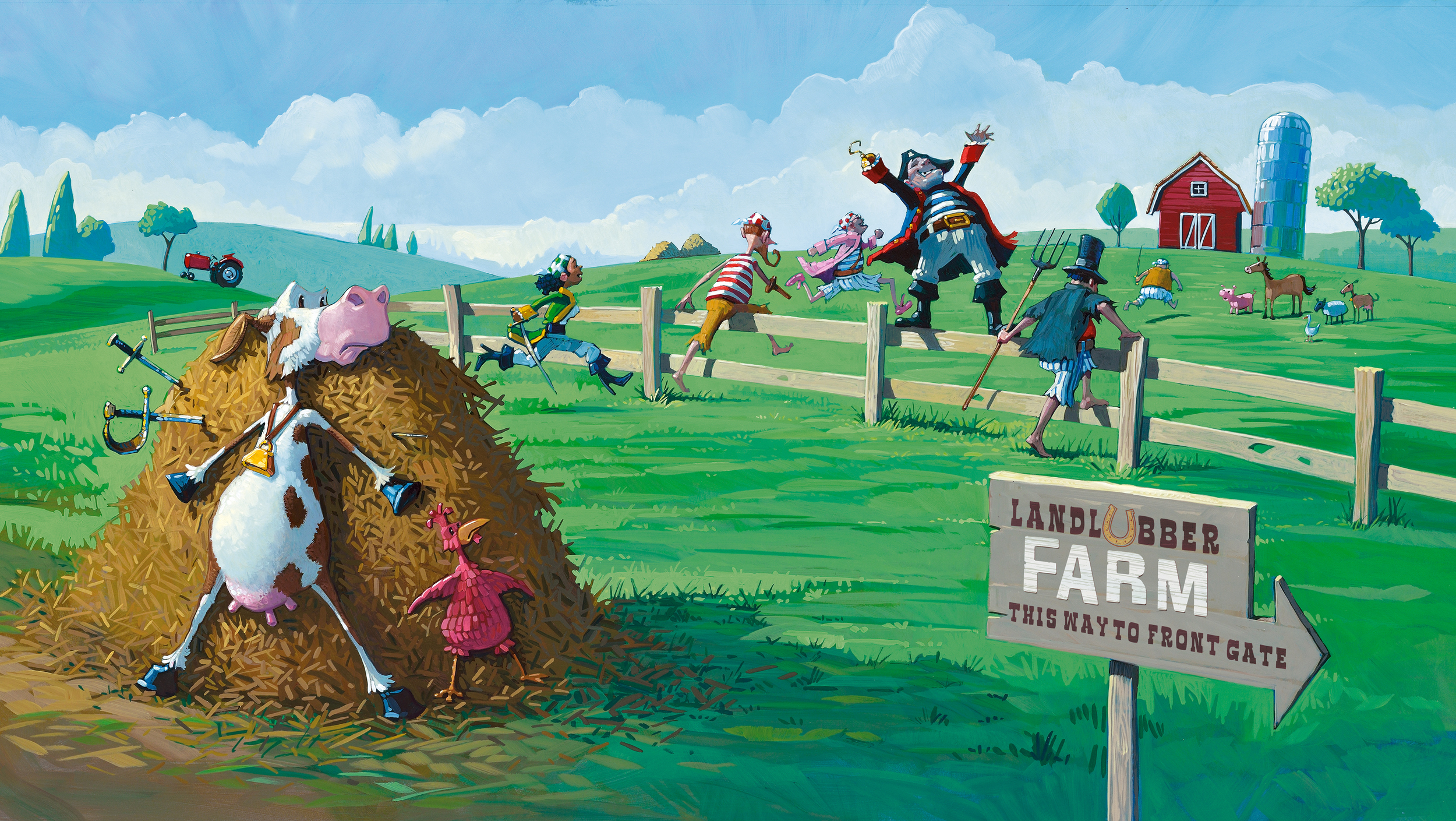 Storming the Farm • 25" wide. Oil on illustration board, 2015. $700. Buy this painting.