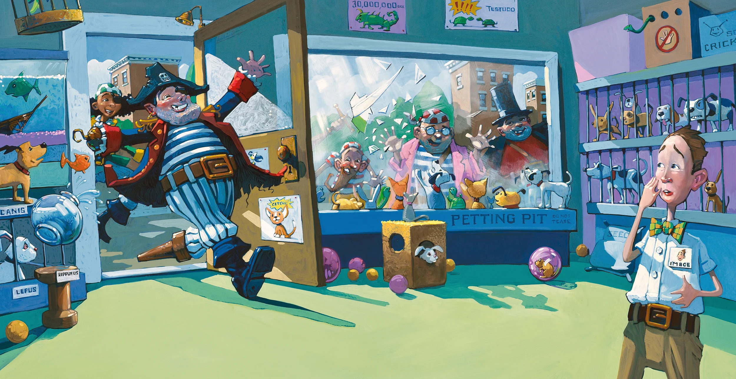 Thar Be Pets! • 25" wide. Oil on illustration board, 2015. $700. Buy this painting.