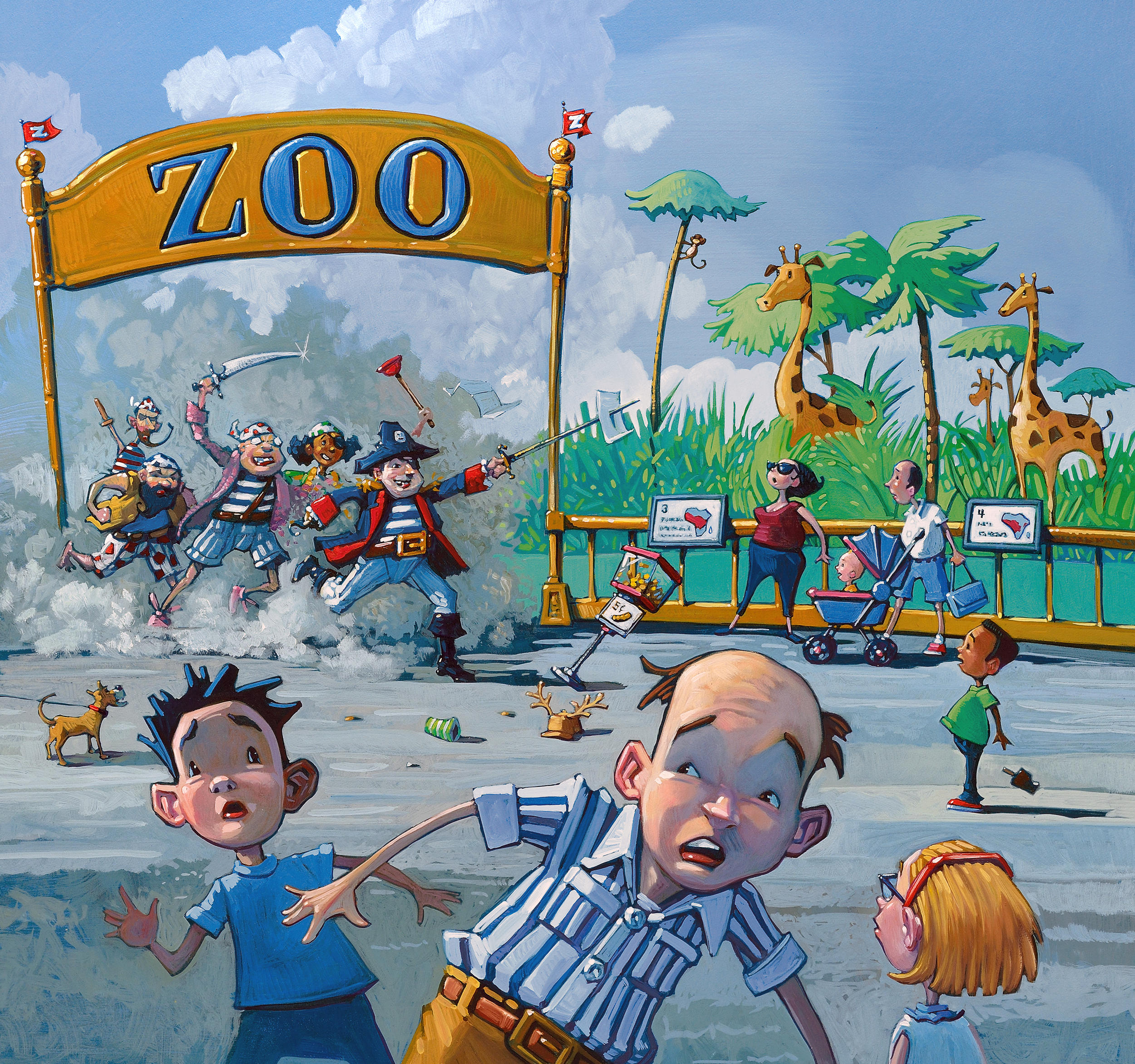 Storming the Zoo • 25" wide. Oil on illustration board, 2015. $600. Buy this painting.