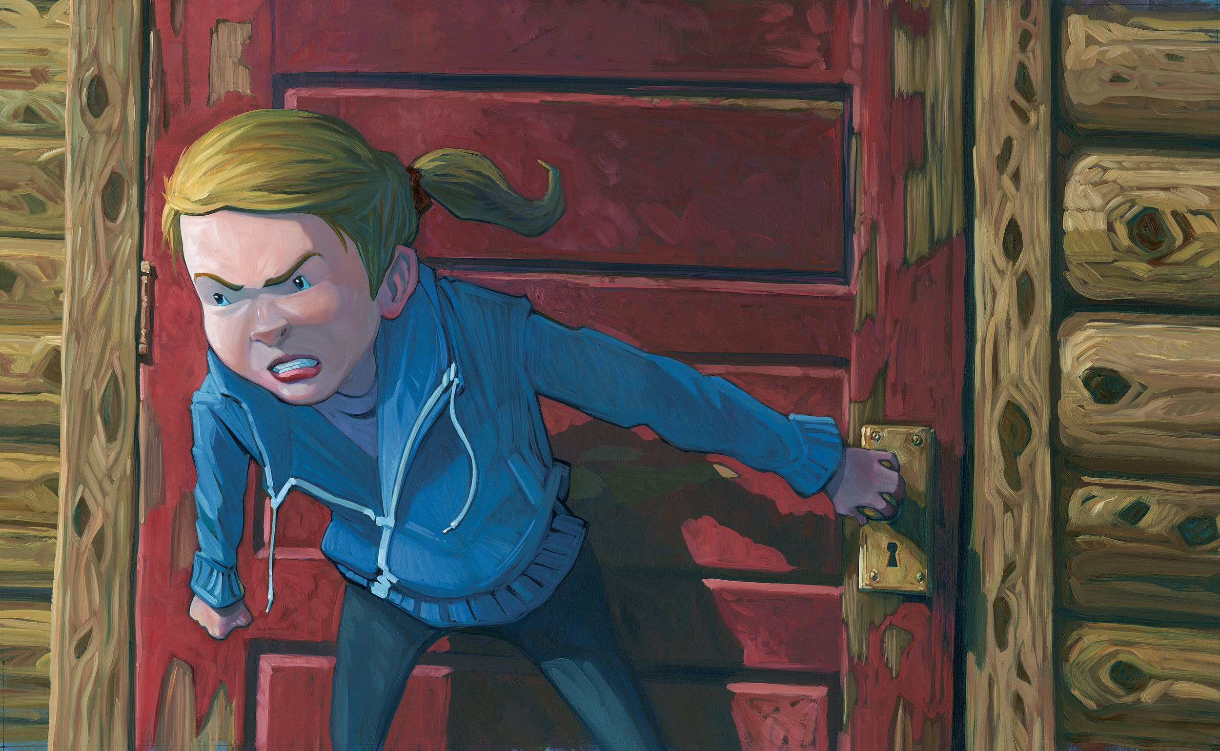 Jenny at the Door • 25" wide. Oil on illustration board, 2015. $600. Buy this painting.