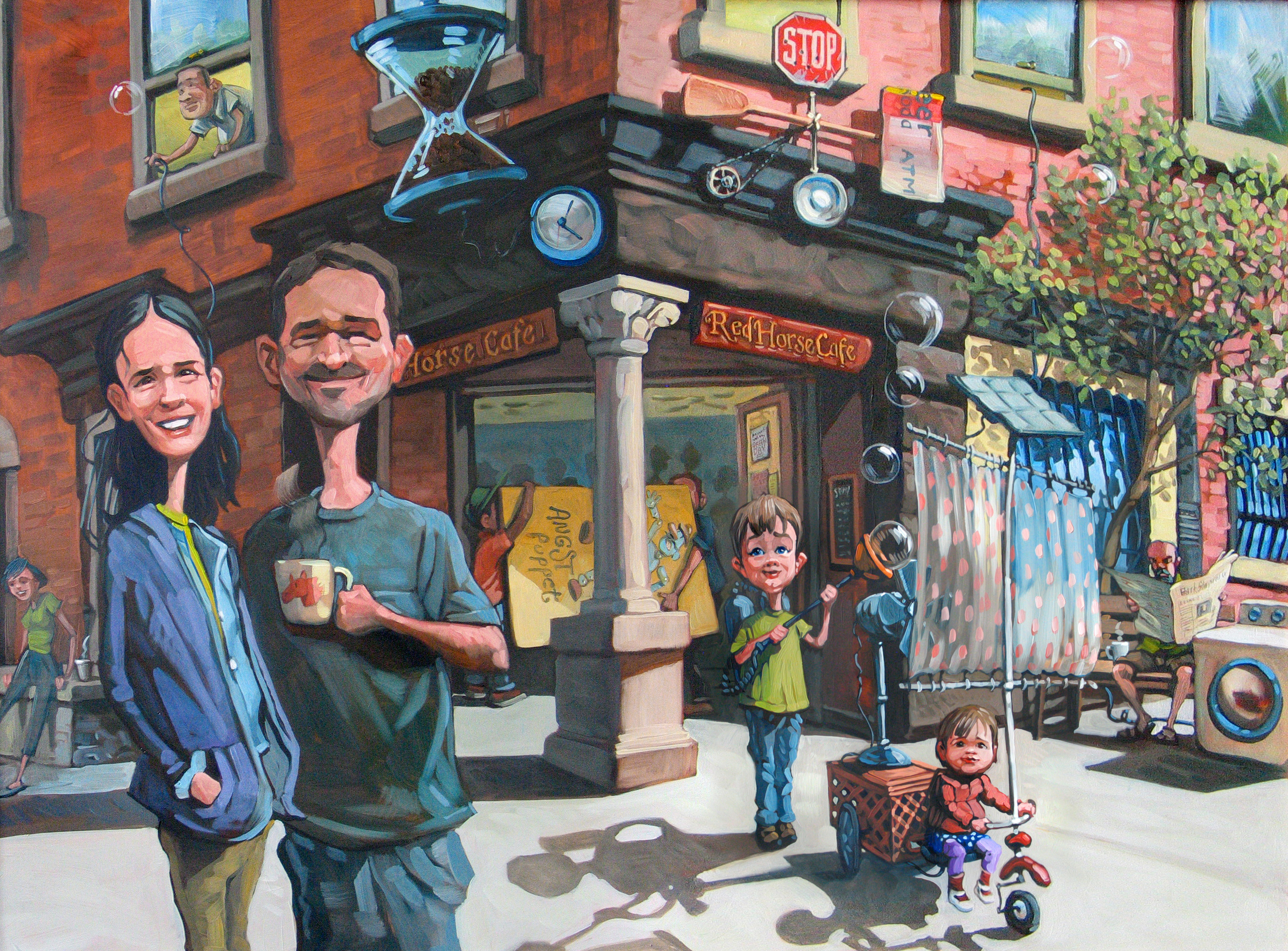 Red Horse Cafe • Owners of a cafe in Brooklyn wanted their son to be shown as a natural born inventor. I added a guy stealing power by plugging his dryer in, to poke fun at customers who always plugged their laptops in, sat for hours, and only ordered one coffee.