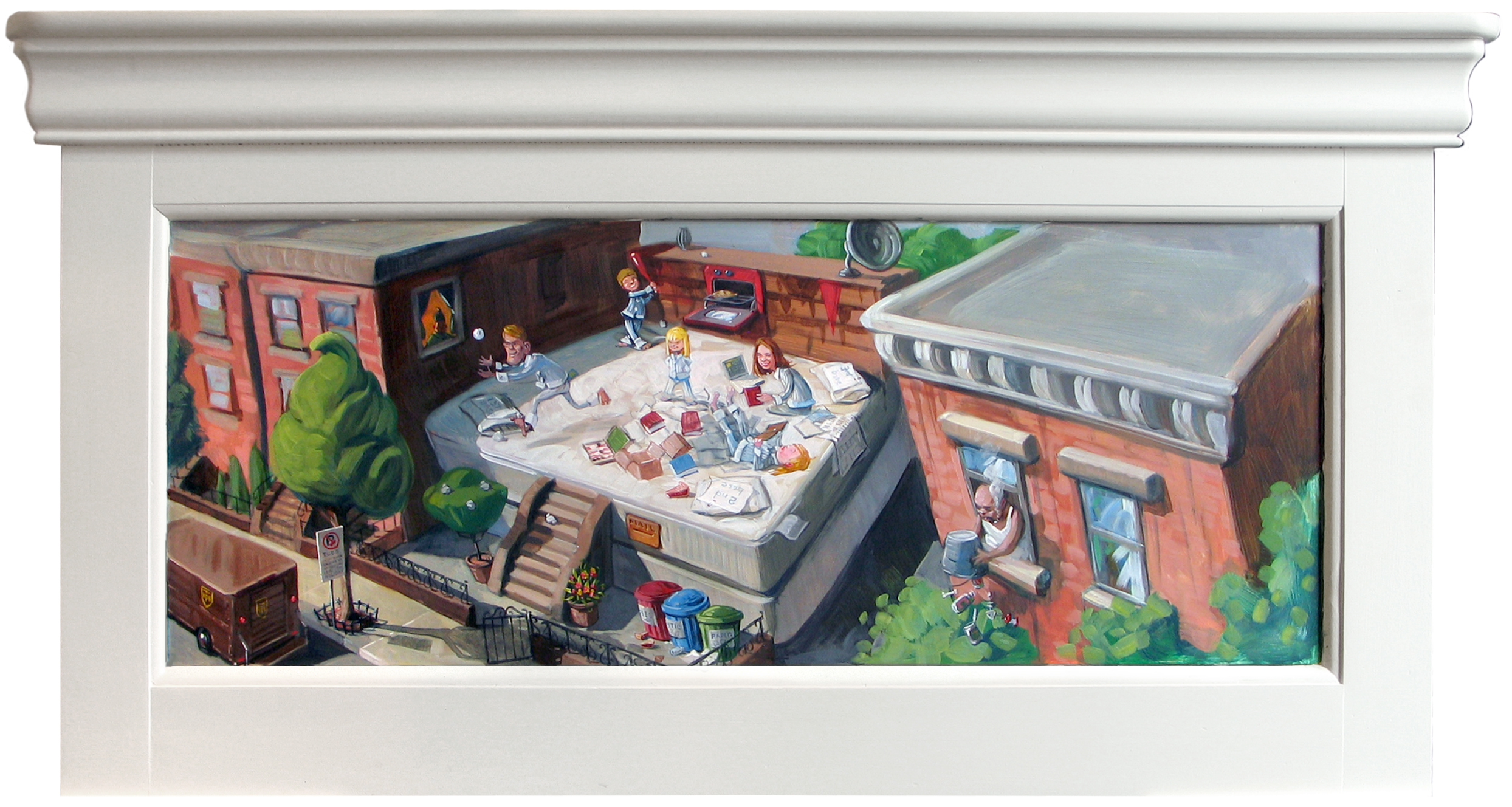 Brownstone Bed • A family in Brooklyn wanted their portrait on a giant bed, since they spent so much family time there. The frame on this big painting is an actual headboard.
