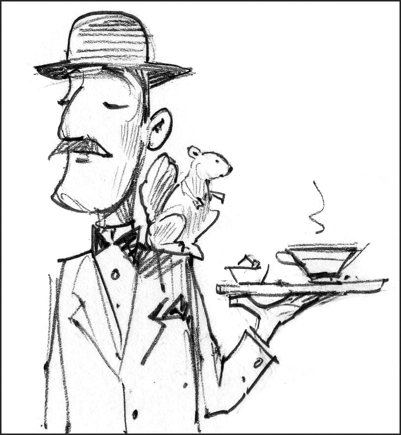 Sketch for the butler in Amelia Earhart . It's flying squirrel, of course, since the canyon was filled with lost aviators.
