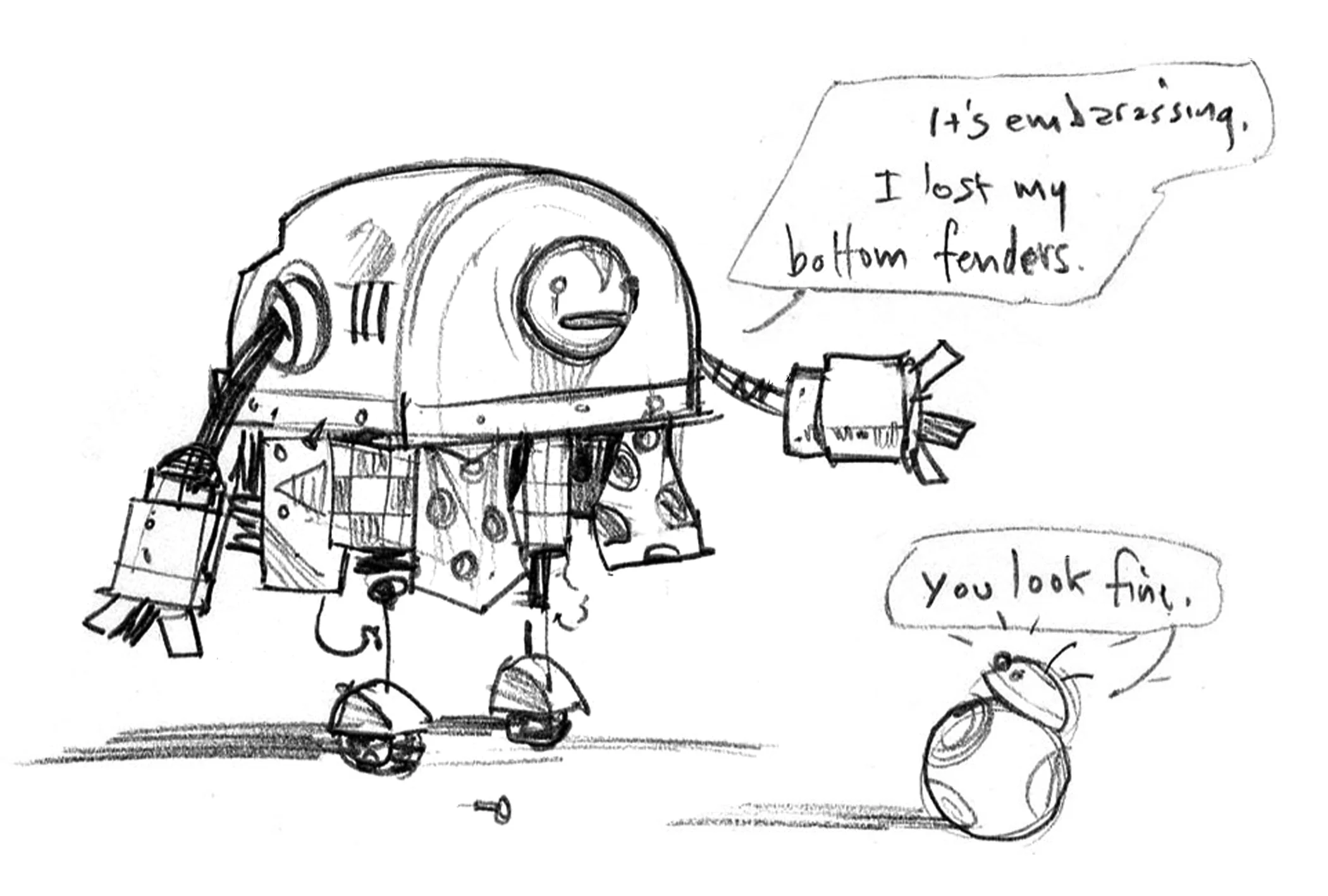 If we'd had the luxury of space and words a movie affords, it would have been fun to make Fez bashful about not having any covering below his waist. Here, in an early concept sketch, he covers himself with various found materials.