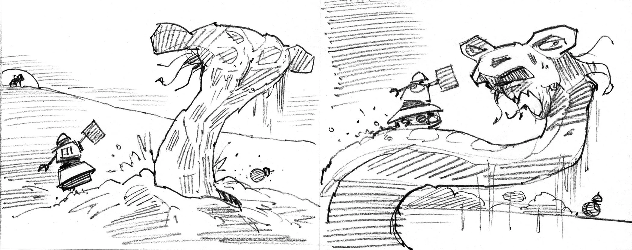 An early sketch showing BB-8 and Fez running into a massive sand worm. The metal-eating birds (shown in Attacked , above) seemed much more chaotic, so we went with them. Note the early version of Fez, too.
