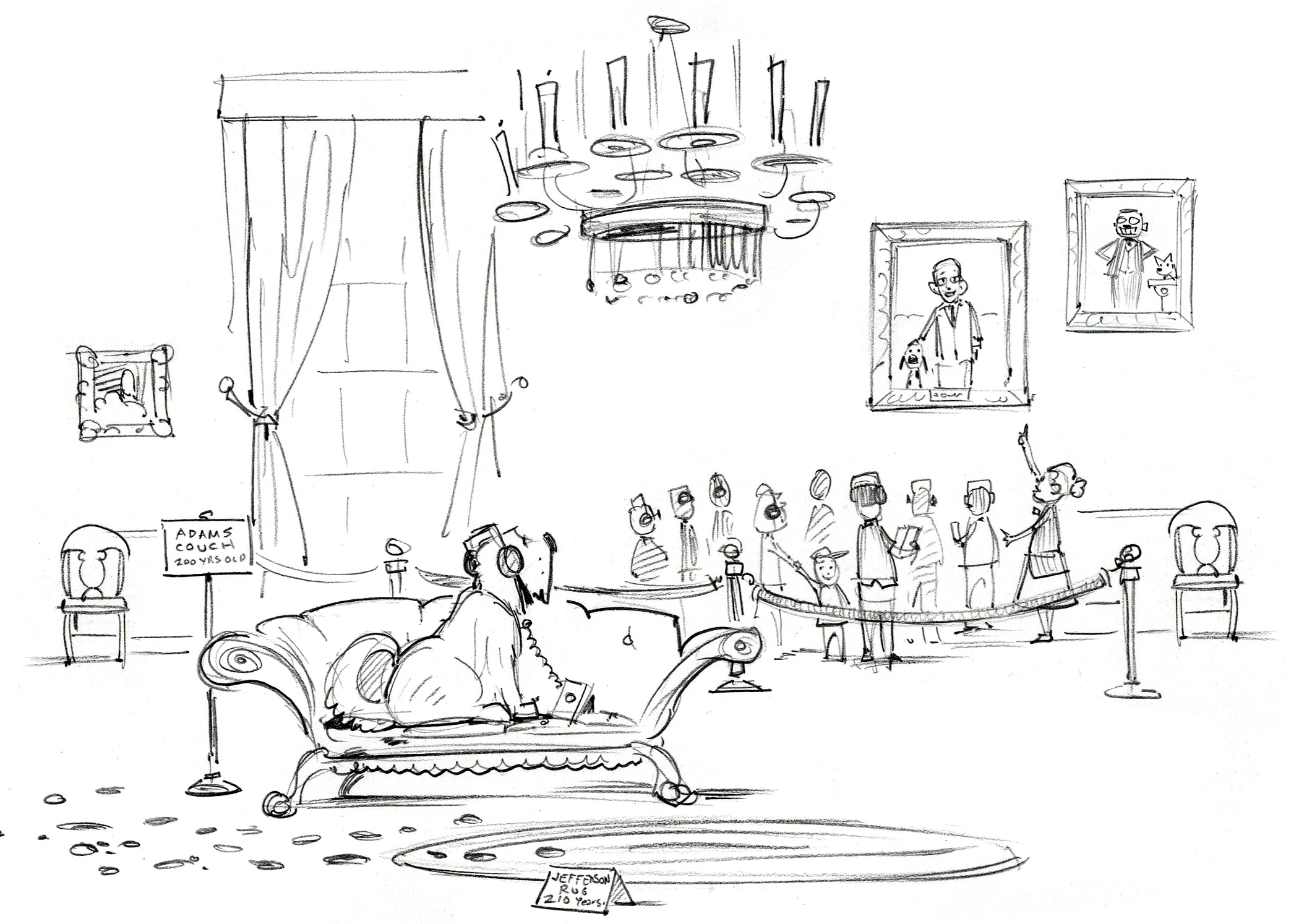 First sketch for White House Tour . Note how the final art was simplified.