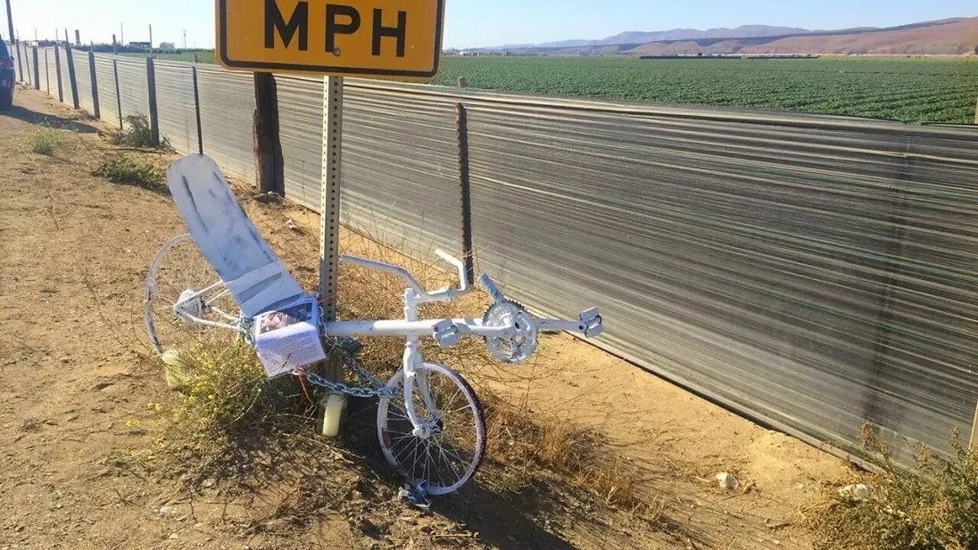 Ghost Recumbent Bike placed on Foxen Canyon Road in memory of Matthew O'Neill