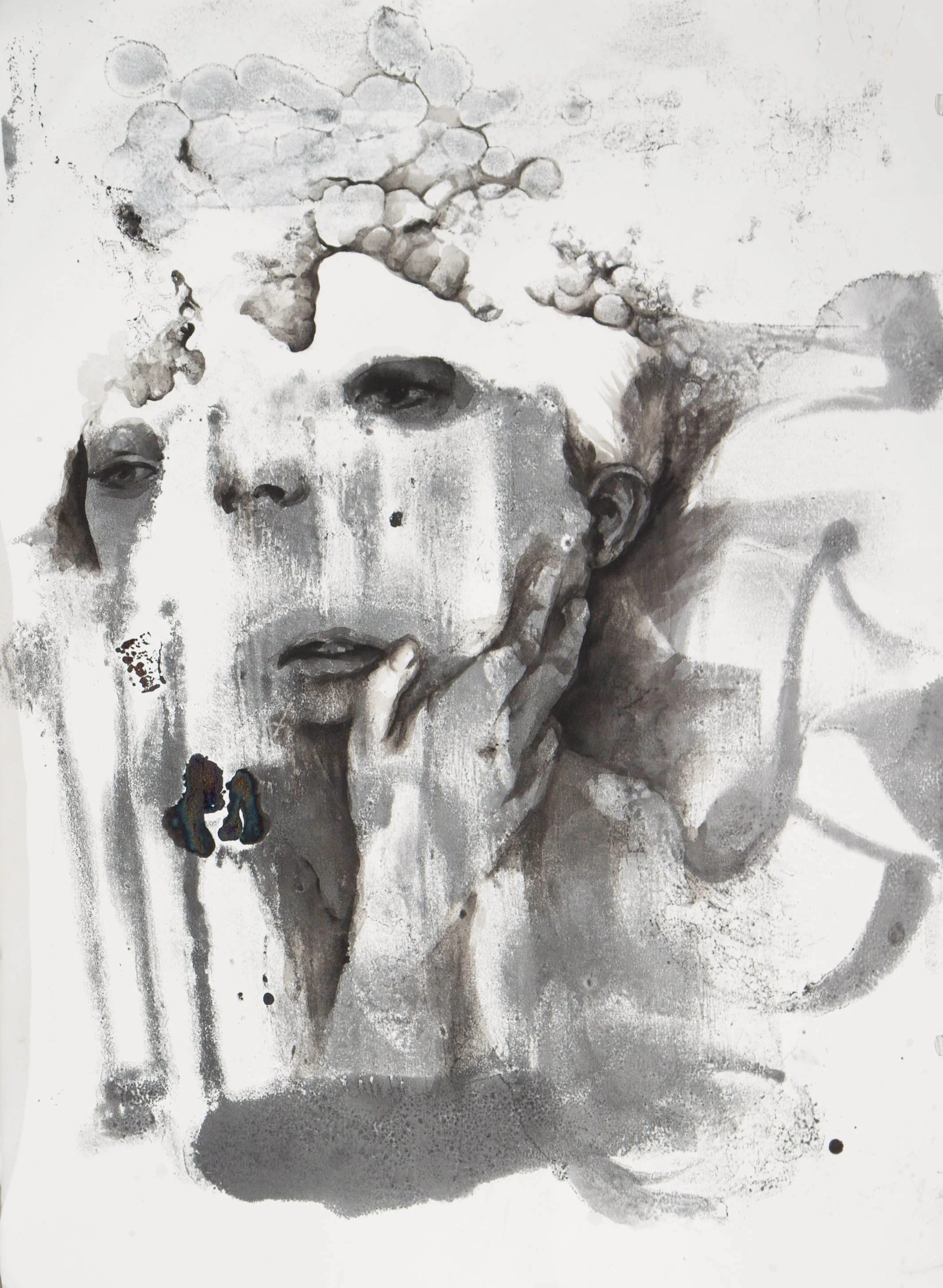 It's Hard to Love with An Exposed Cranium , 2014 30” x 24” | Printmaking ink and gouache on paper