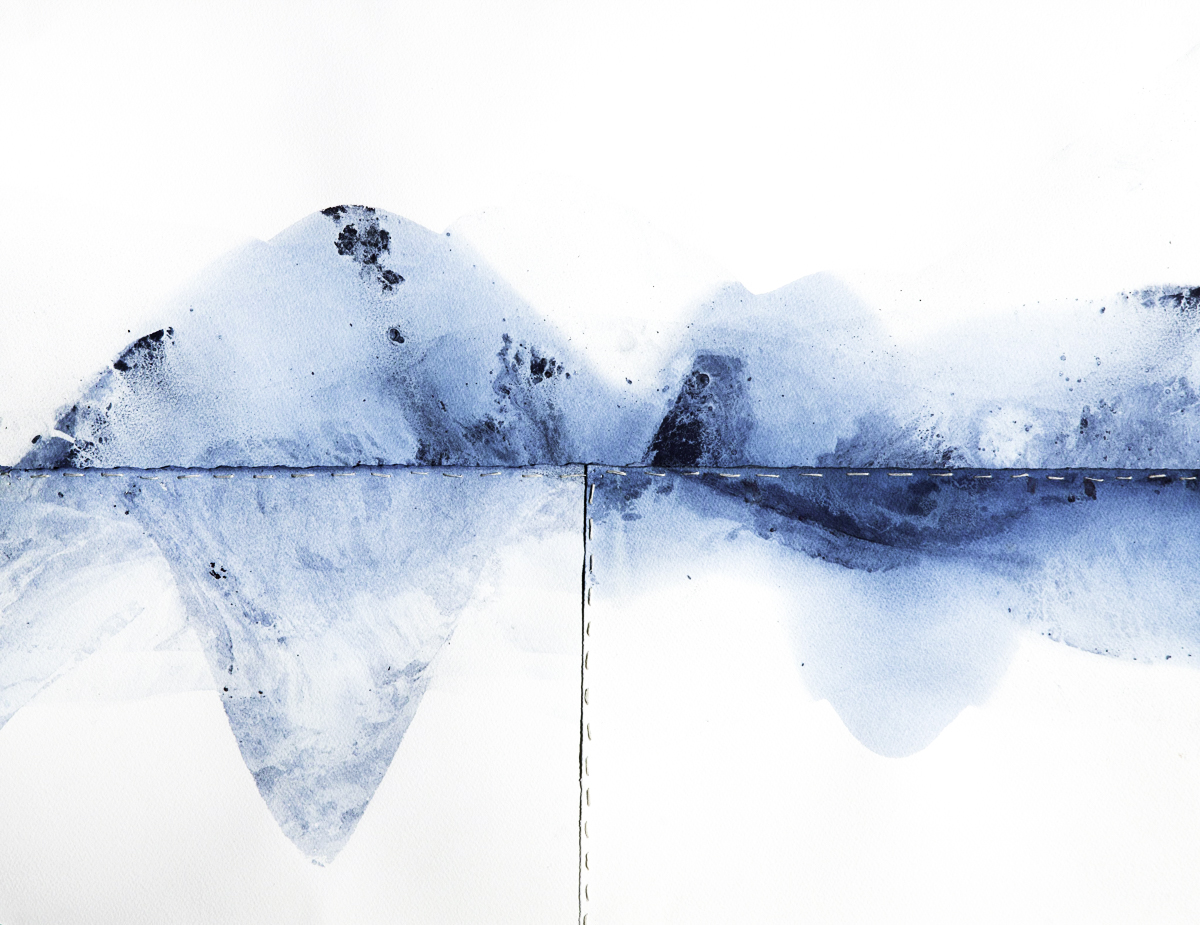 Fera Scape IX, 2016 28” x 34” | Indigo on paper with bookbinding thread