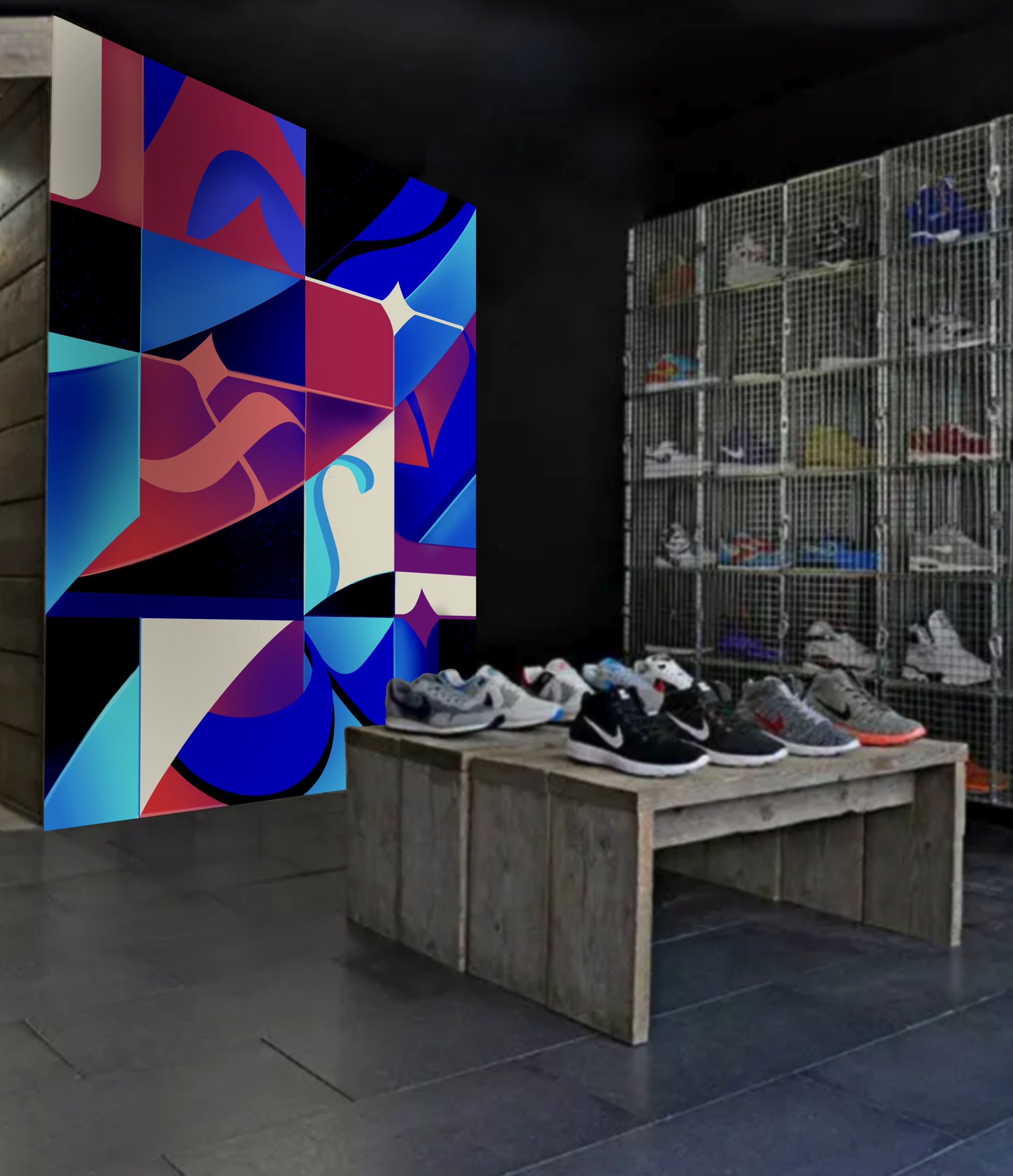 Shoe store interior mural rendering of abstract shapes designed by Coco Nella (Corinne Pulsinelle) 