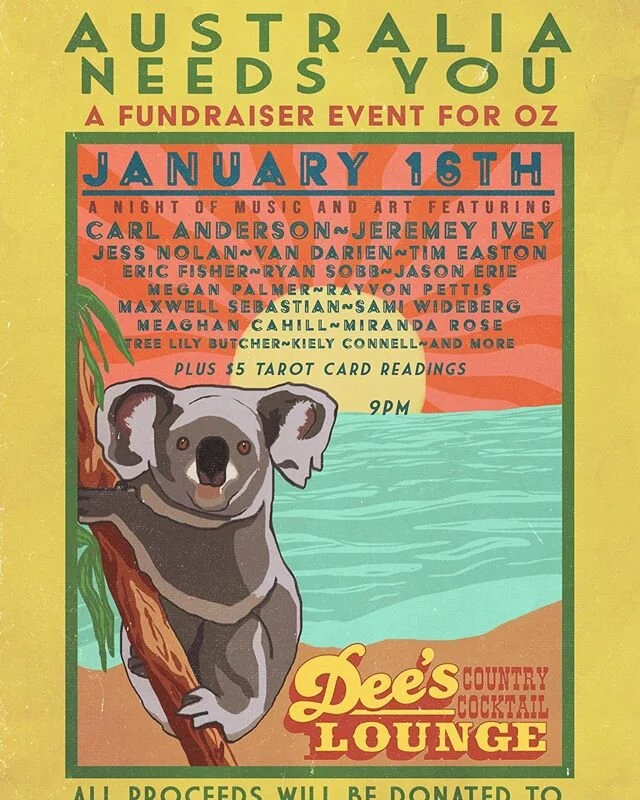 Tonight at @deeslounge615 ! $5 suggested donation and all proceeds go to wildfire relief. Plenty of great music and art. Be there.