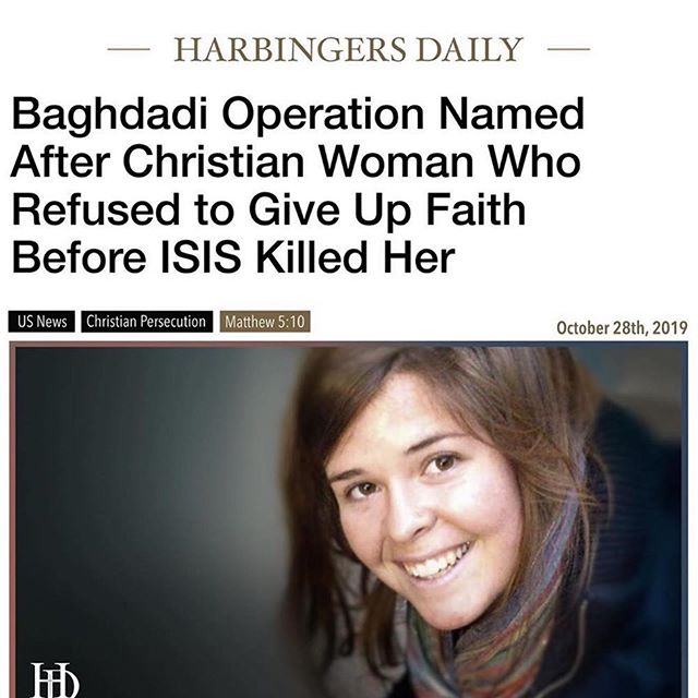 #Repost @gunfufighting 
The US military operation that resulted in the death of ISIS leader Abu Bakr al-Baghdadi was dedicated to Kayla Mueller, a young 26-year-old Christian woman who was kidnapped, tortured, and murdered by the Islamic State.

Muel