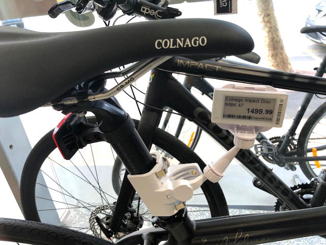 Electronic Shelf Label clamped onto bike frame