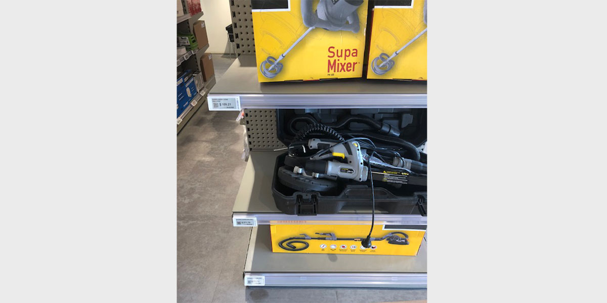 ESLs fixed to shelving in an Australian hardware store