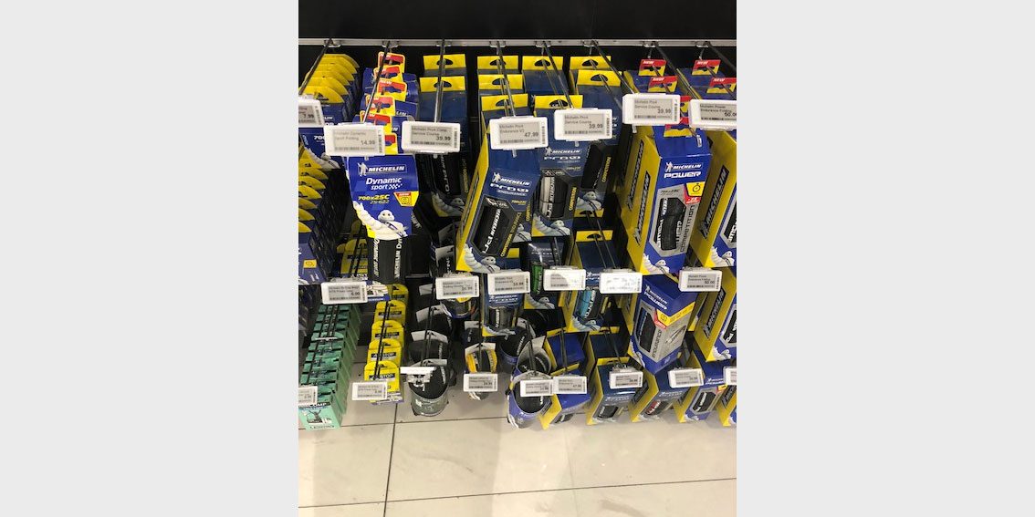 Electronic shelf labels on hooks in a building and hardware store in VIC