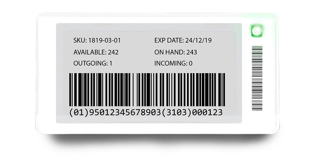ESL showing GS1 level barcode and inventory data - ESLs for warehouses