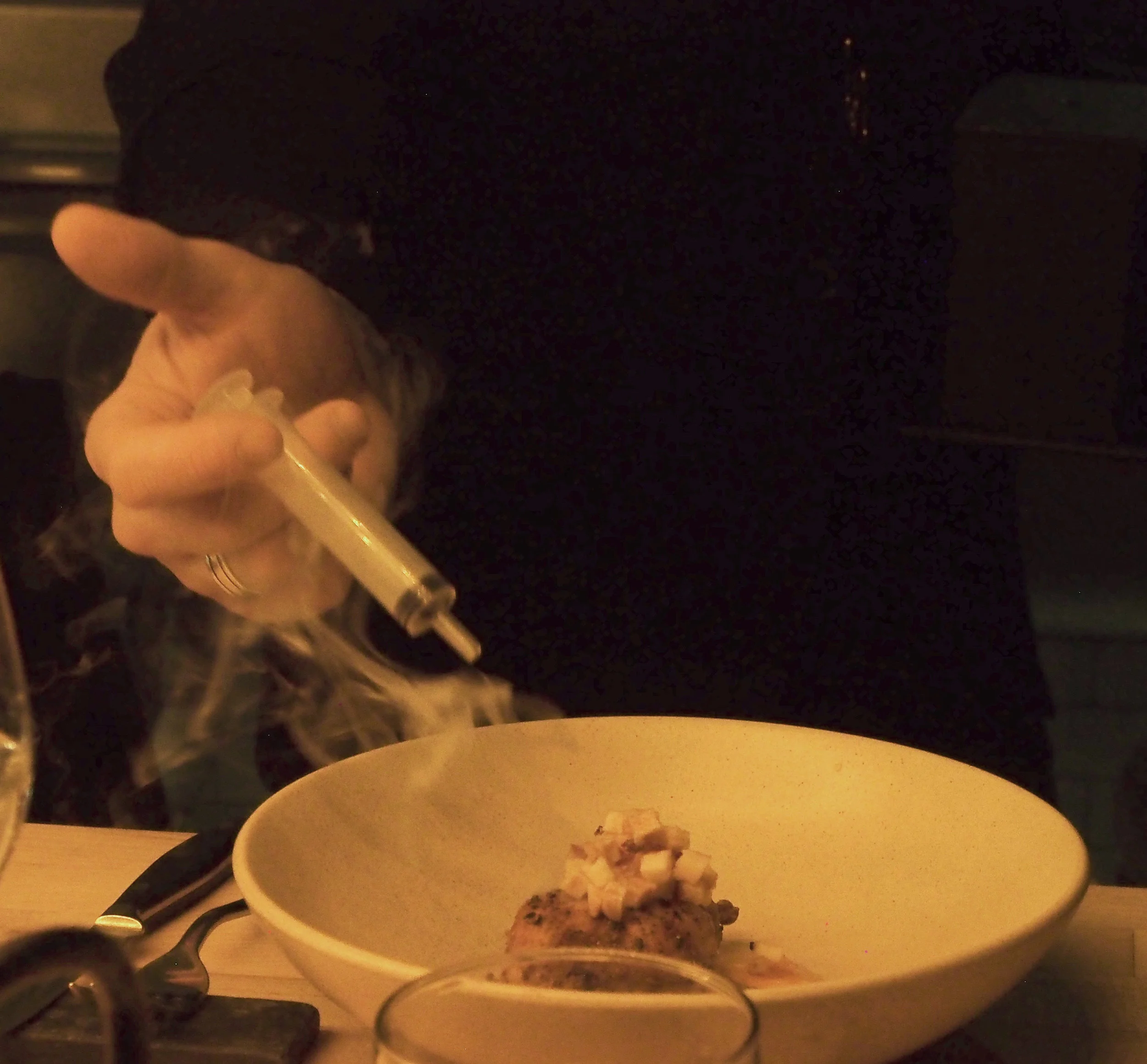 The quail, apple, and sweet potato course with the A&M prototype for visible aroma. The smoke aromatics bringing out depth. This was paired with bourbon, lapsang souchon and lemon. This course is all about earthy smokiness.