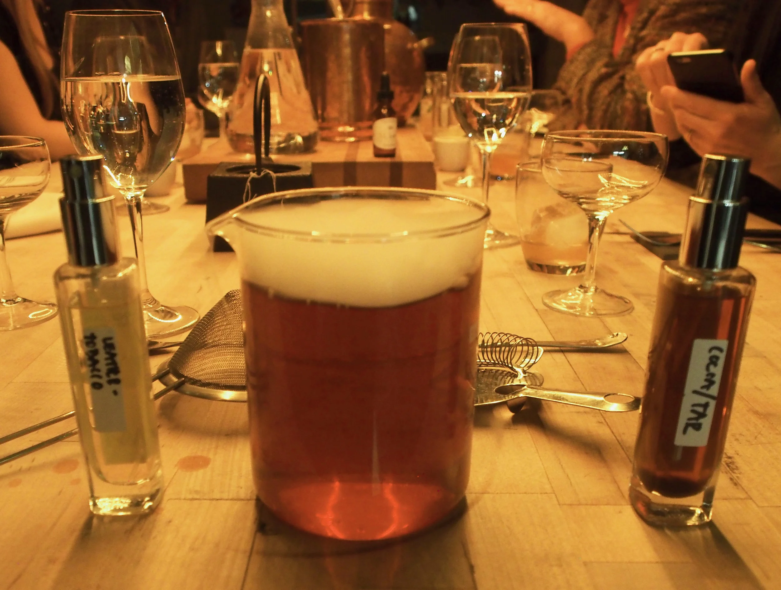 The Saddlebag Boulvardier: Super chilled with dry ice and matched with Leather, Tobacco, Cocoa, Birch Tar and Pink Peppercorn Elixir . It takes a classic bourbon drink and makes it a rich cowboy drink. Poured table side and misted in stages