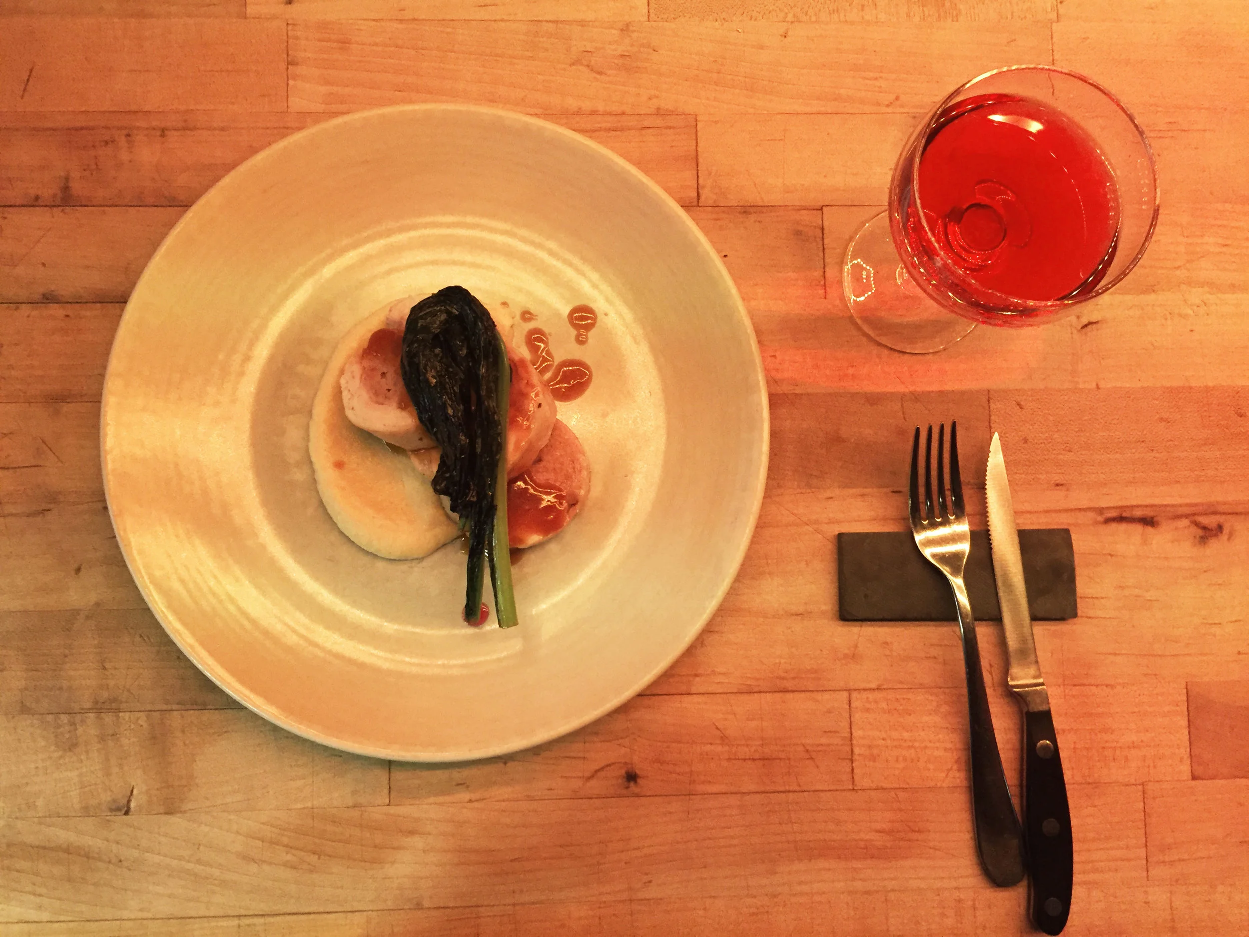 Pairing with a cowboy Boulvardier required an amazing rabbit roulade with mustard greens, and celeriac puree. 