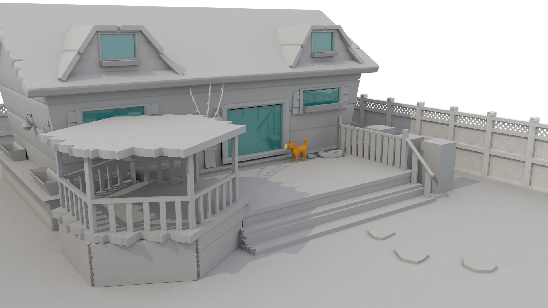Modeled backyard set, untextured. Roxy and Cheeby in scene for reference.