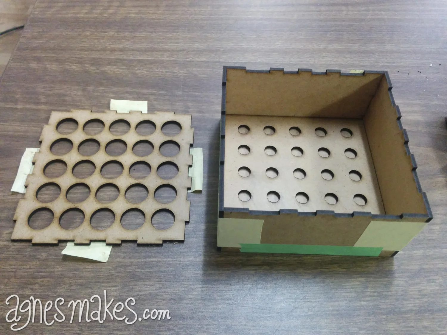 This tabbed boxed was designed using my favourite box generator makercase.com. It is assembled with masking tape on the edges so it can be easily be taken apart later, and also to prevent any silicone from leaking out. The two 1/8" thick h