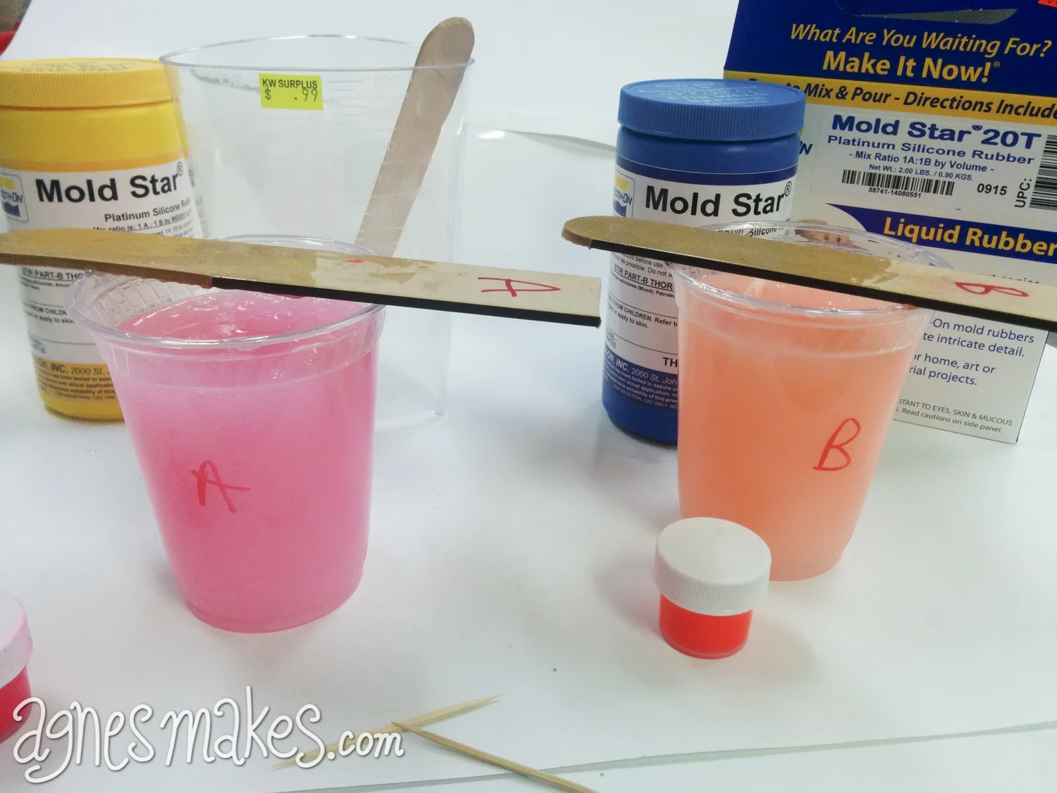 A good suggestion I was given to ensure proper mixing is to colour the silicone two different colours with a compatible dye. Since the UV dyes I was going to use in the resin casting were compatible with the silicone, I decided to use