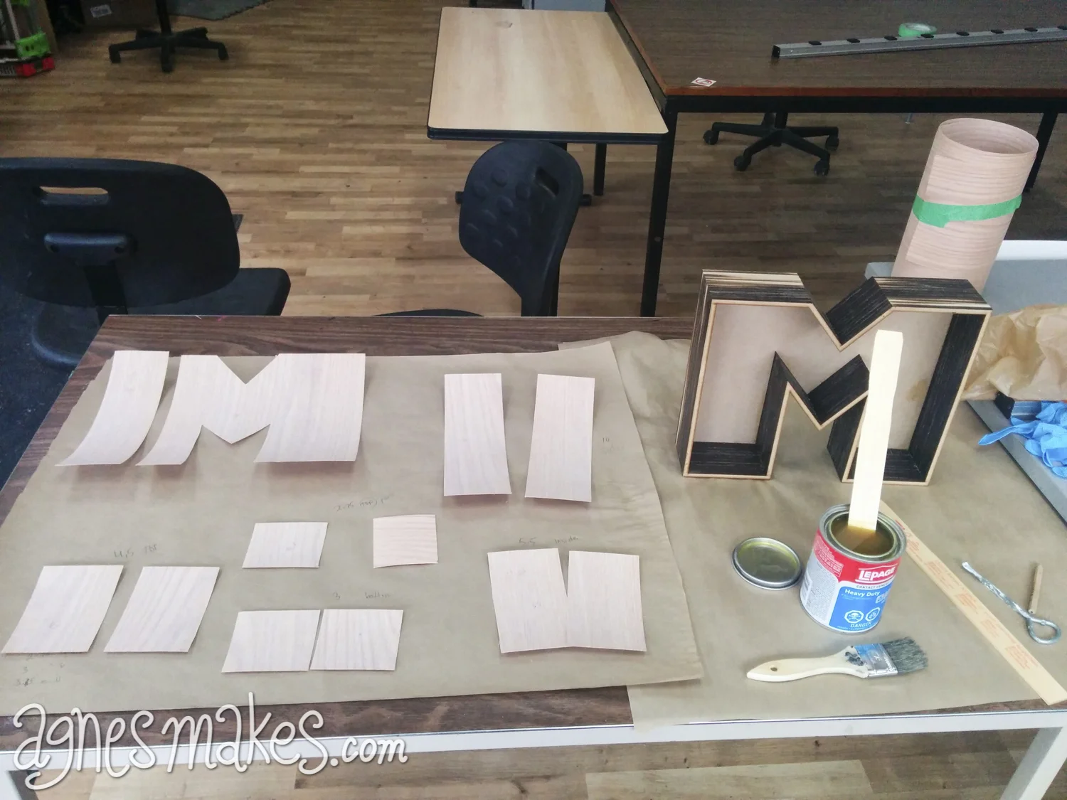 Here I am preparing the box to be covered in a nice oak veneer. I used contact cement as the adhesive. It was my first time using this stuff, and I found it quite straightforward and very satisfying.