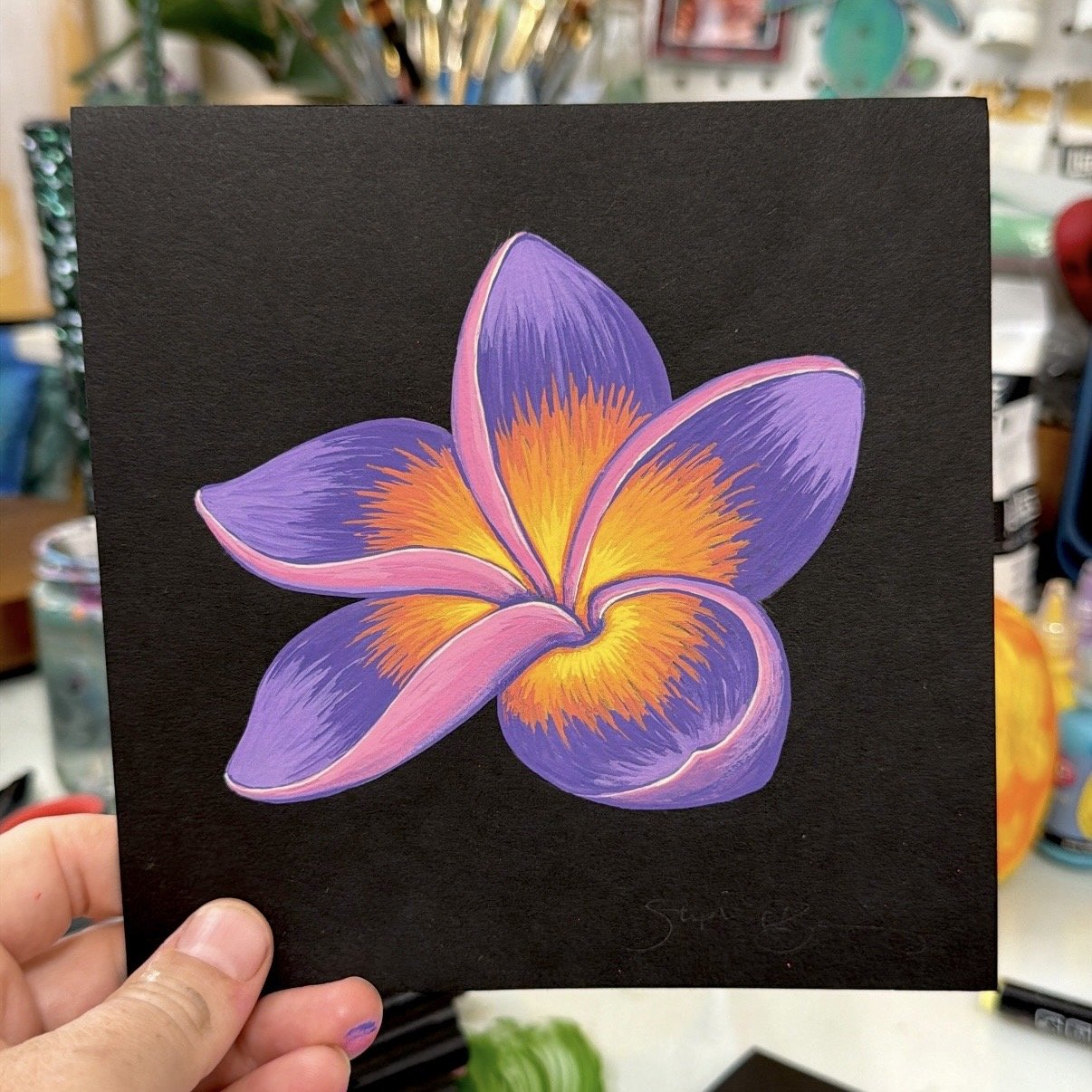 Purple Plumeria on Black Paper