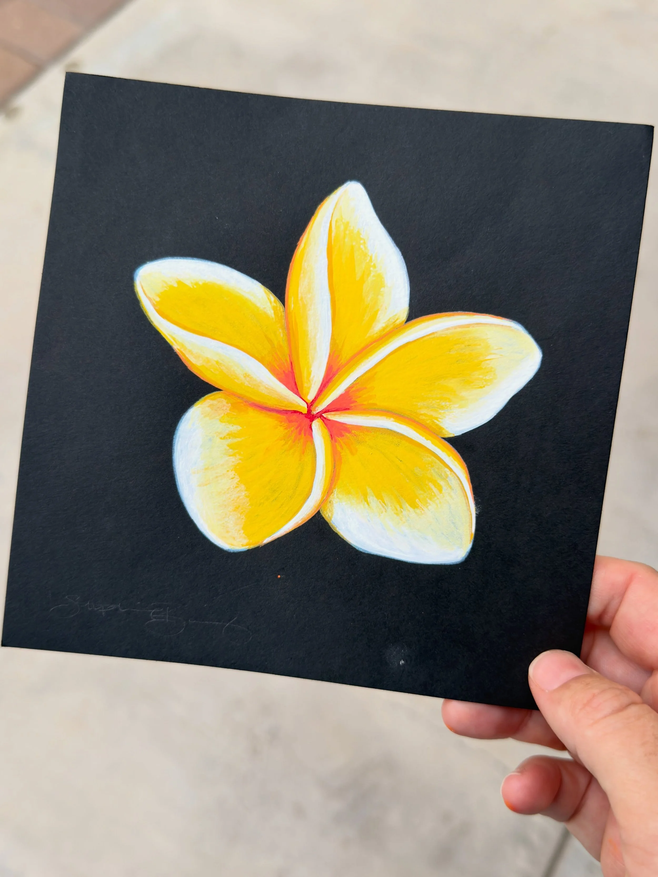 Wes learned how to walk a couple weeks ago so my time to create is currently pretty limited, but I managed to paint this pretty plumeria drawing using acrylic paint markers though! They are a fun medium to work with and basically mess free if you&rsq