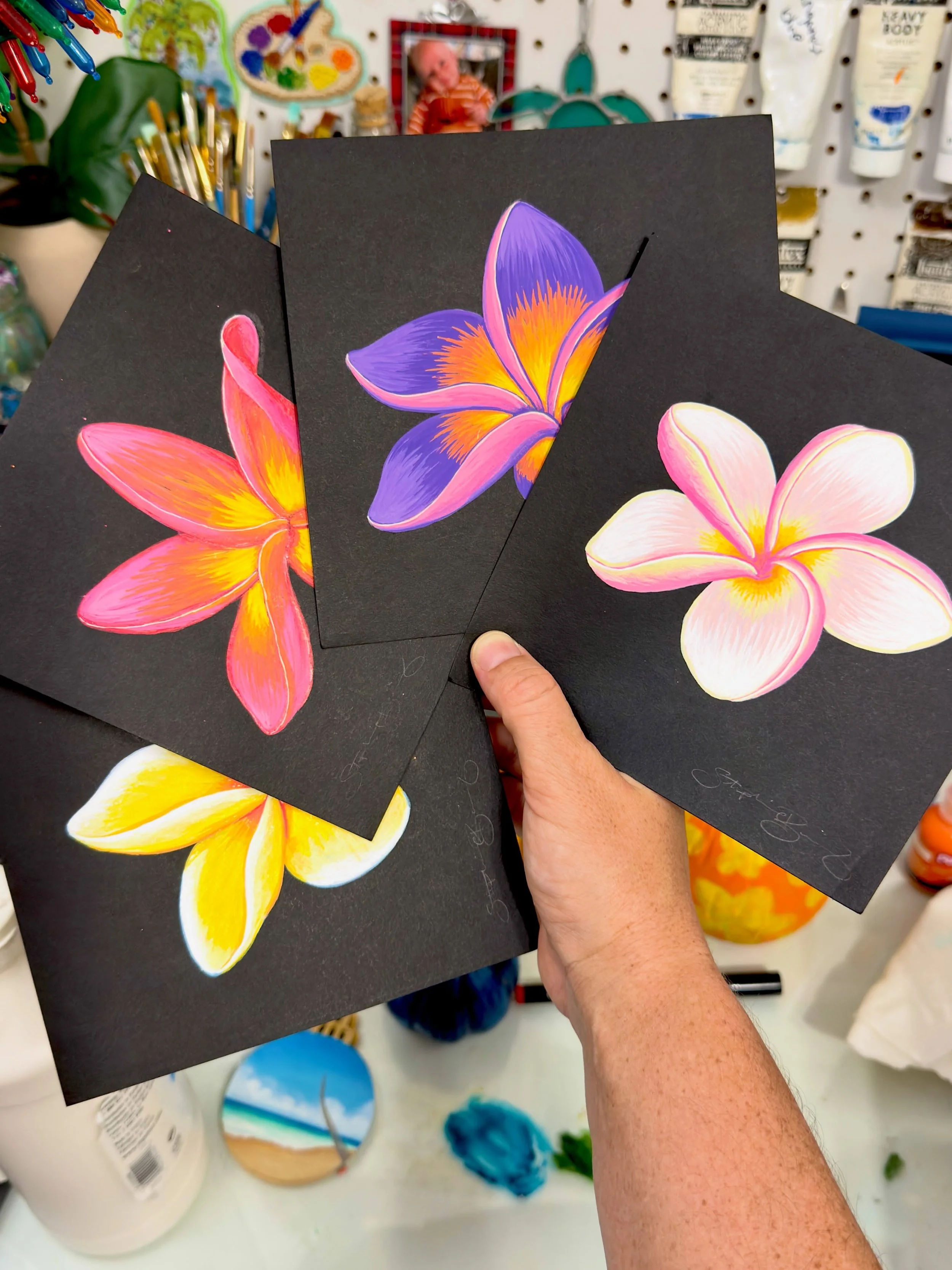 &bull;The four new black paper plumeria paintings will be up for grabs at 8 am HST tomorrow! 🌸

&bull;My email subscribers get first dibs! Subscribers, check your inboxes tomorrow morning at 7:59 am HST for the passcode to the shop. And also look fo