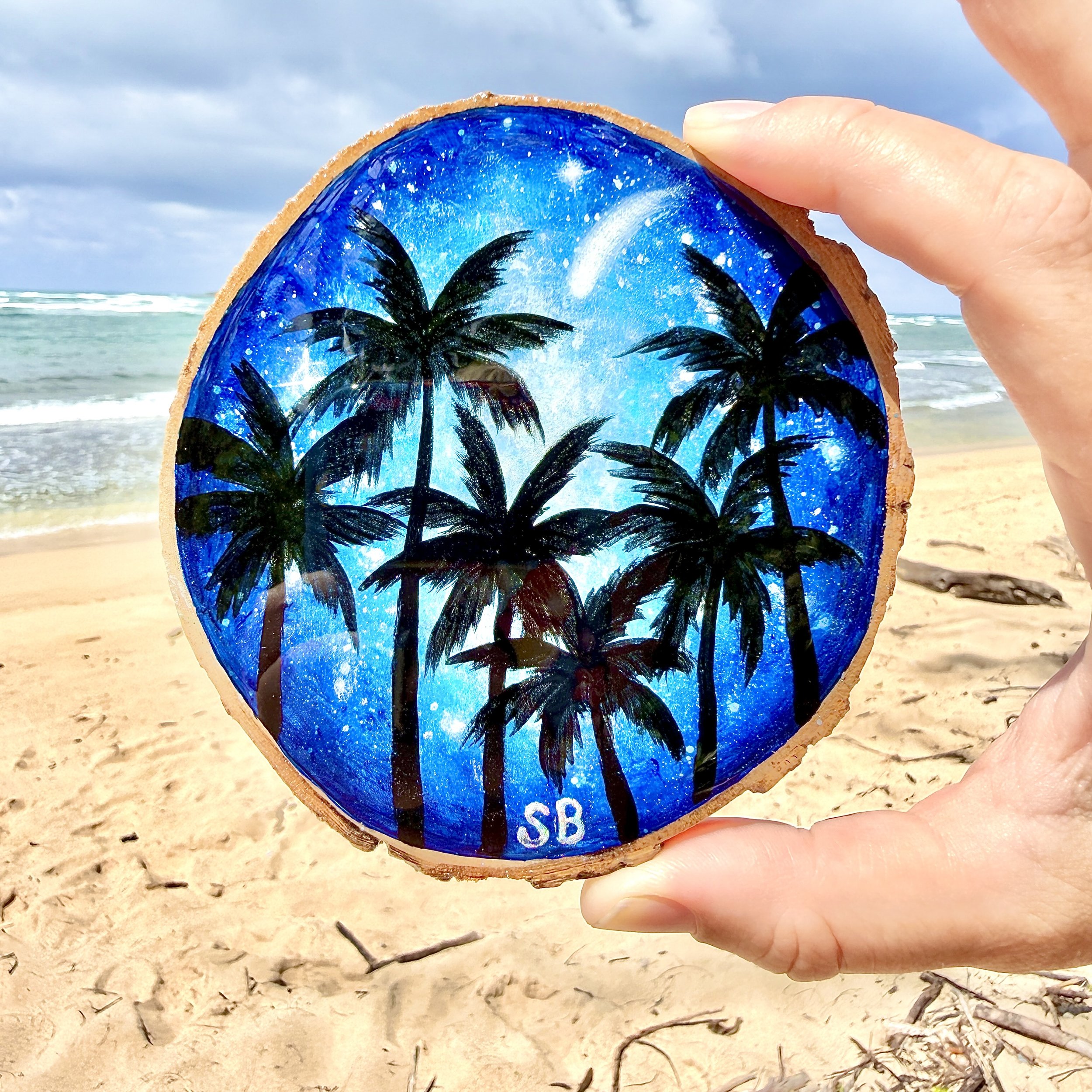 New! Starry Night Sky Palms + Dark Blue Wood Round