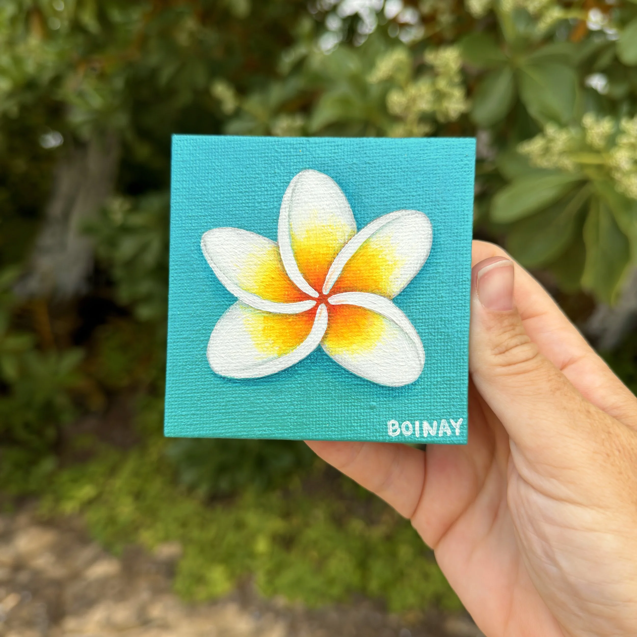 New! Mini Canvas: Metallic Aqua + White Plumeria