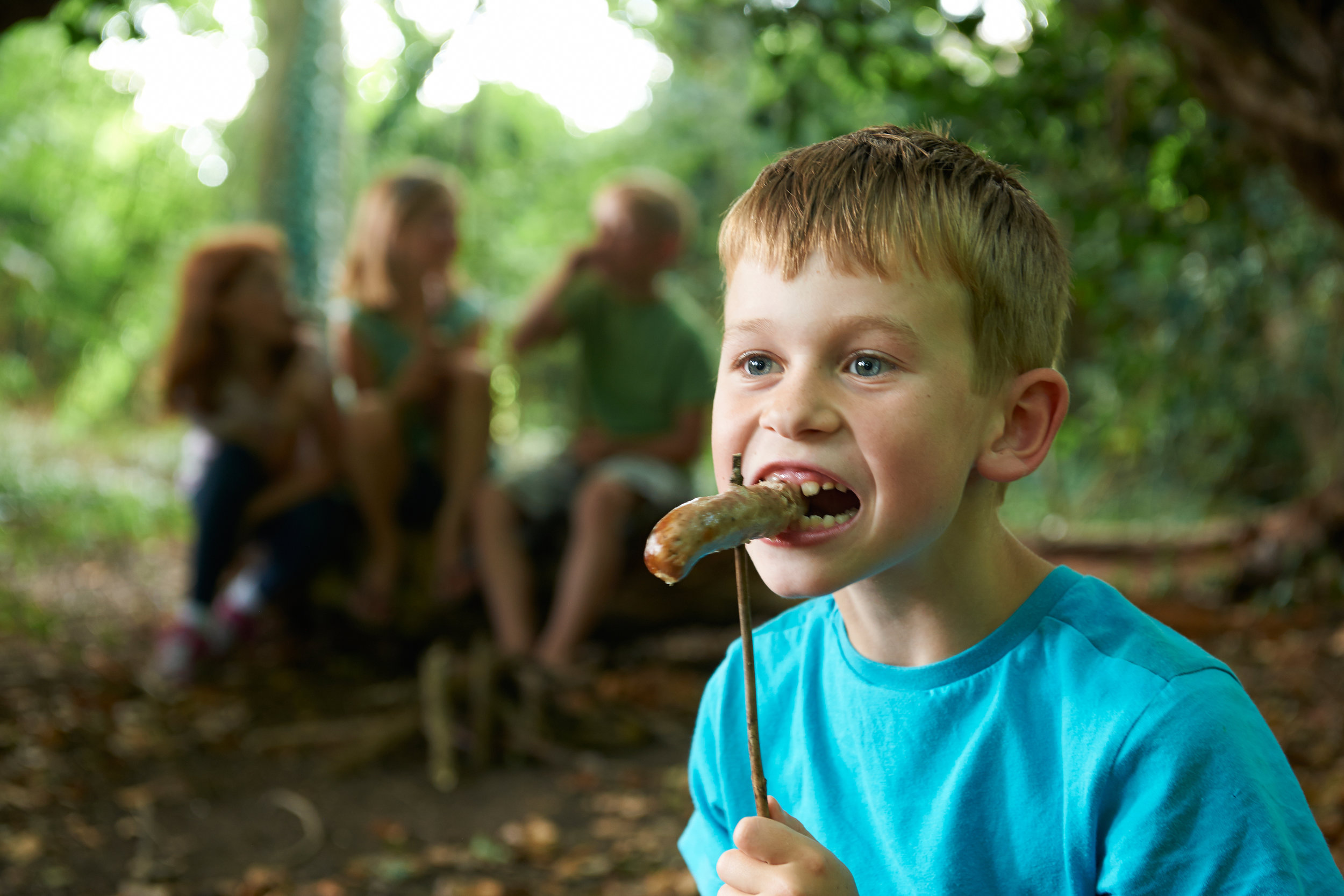 Boy Eating Sausage Cooked On Campfire With Friends