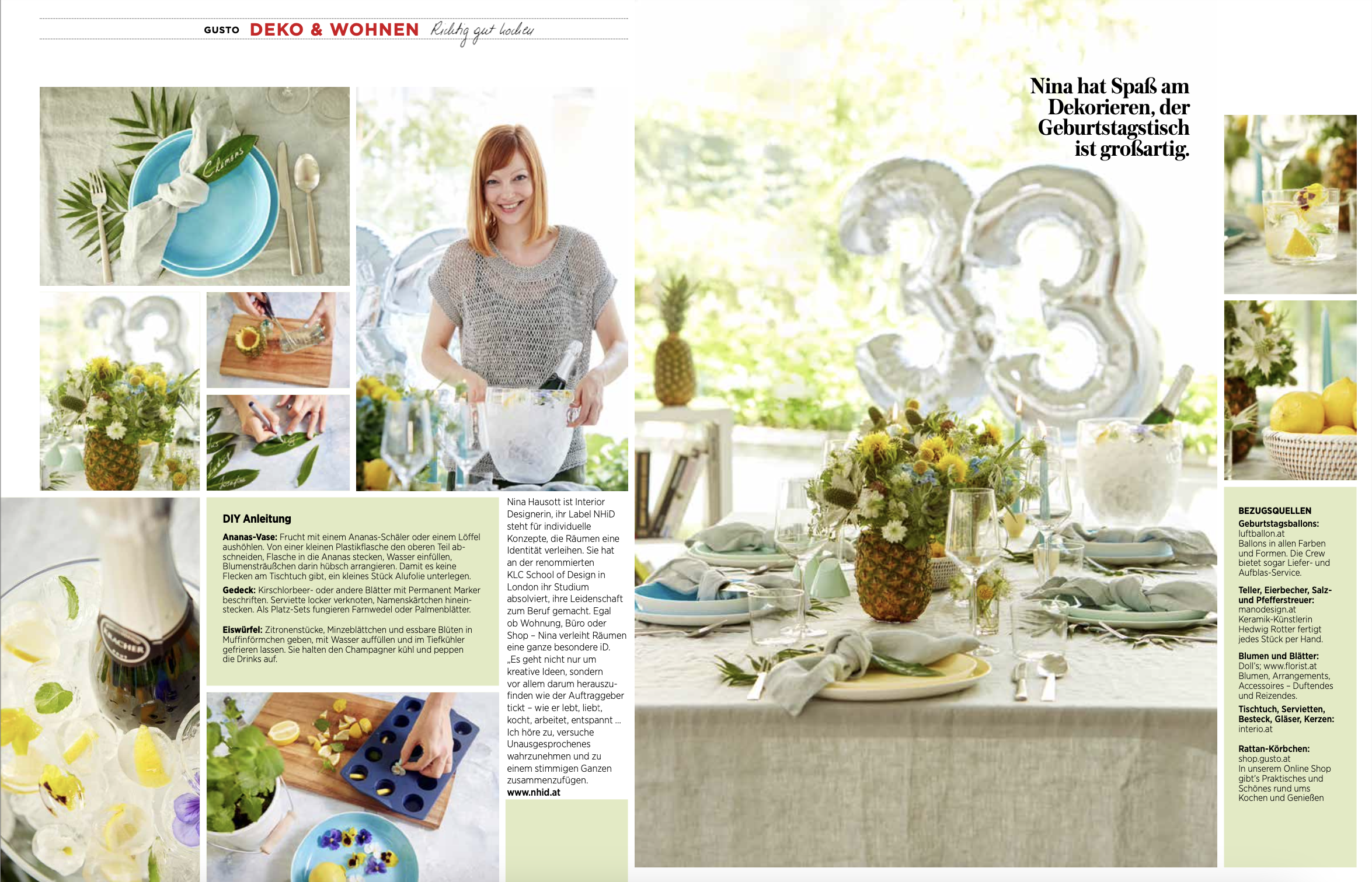 Blick in eine Zeitschrift, die eine festliche Tafel mit gelben Blumen, Ananas-Dekoration, weißen Tellern, Gläsern und Besteck, sowie einer Frau beim Dekorieren zeigt. Im Hintergrund sind große Zahlen '33' und eine Ananas sichtbar, die auf einen Gebur