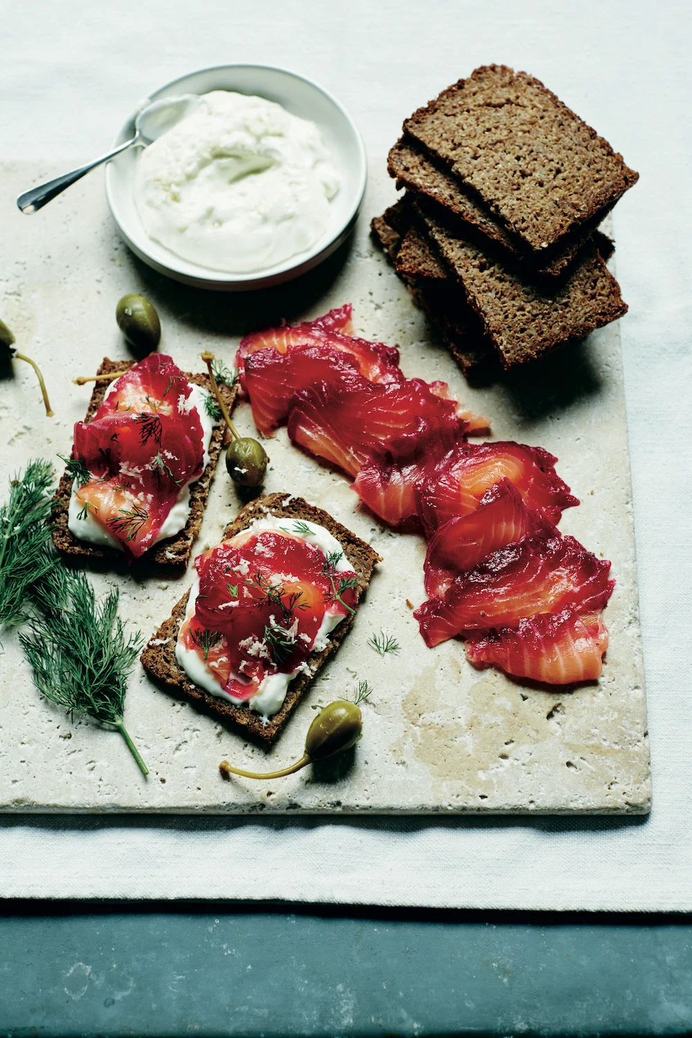 Recipe Beetroot cured salmon with horseradish crème fraîche The