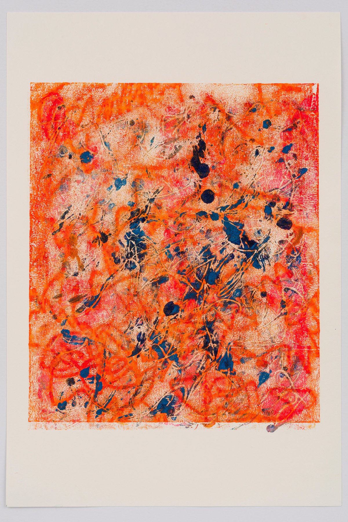  Untitled (fluro red-orange-blue) 2022   Oil on hot pressed Saunders Waterford paper   Paper size: 51 x 34 cm, Print size: 32 x 28 cm   Monoprint (one of one)  