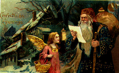 Christkindl and Father Christmas tag teaming up the gift delivery.