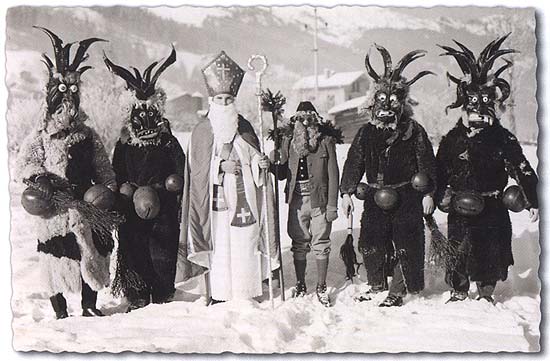Several Krampus Devils with a Saint Nicholas and a Knecht Ruprecht.