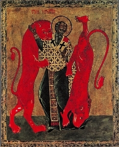 Saint Ignatius of Antioch, devoured by lions in the Colosseum.
