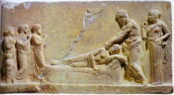 Asclepius healing a sick girl.