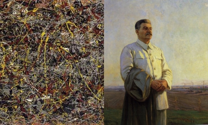 Jackson Pollock's No. 5 (detail), 1948 and Fyodor Savvich Shurpin's Morning of Our Motherland (detail), 1946-48.