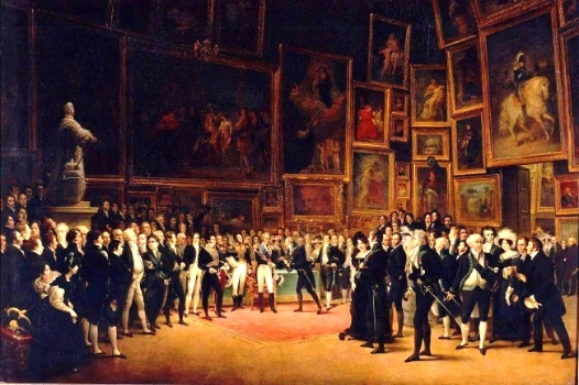 Francois Joseph Heim, Charles V Distributing Awards to the Artists at the Close of the Salon of 1824 , 1824, showing paintings displayed in the salon style.