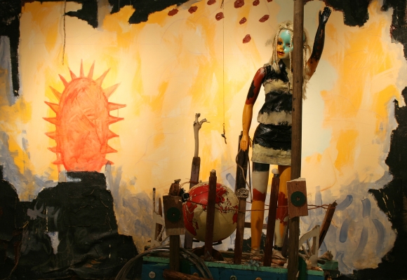 Appalachia Girl (assemblage) installed in front of Old World New World (painting), 2008.