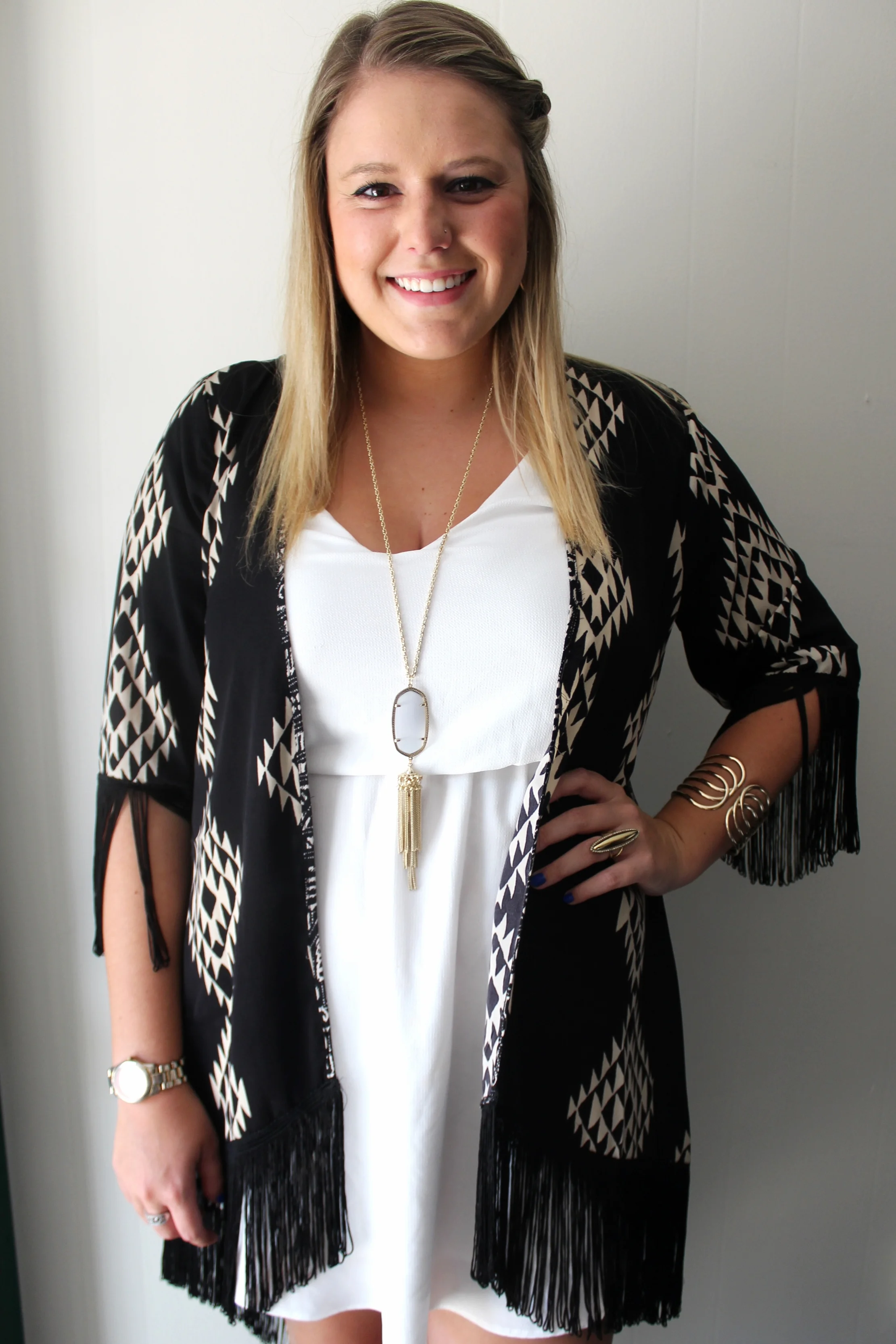 {Kimono: Belk // Dress: Flaunt Boutique // Watch: Target // Bracelet: Forever21 // Necklace: Kendra Scott // Ring: House of Harlow 1960 // Drop Earrings: Forever21 // Square Earrings: Sophie Harper // Nail Polish: Julep }