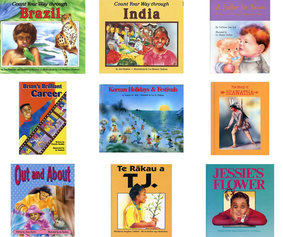Book covers and illustrations for children literature. By publishers: Shortland Press, Auckland, New Zealand, Carolrhoda Books, Inc., Lerner Publications, Augsberg Press, Korean Client, ABDO & Daughters, Minneapolis, MN. Liz Dodson did her first children's book, Jessie's Flower while living for five months in Auckland, NZ.