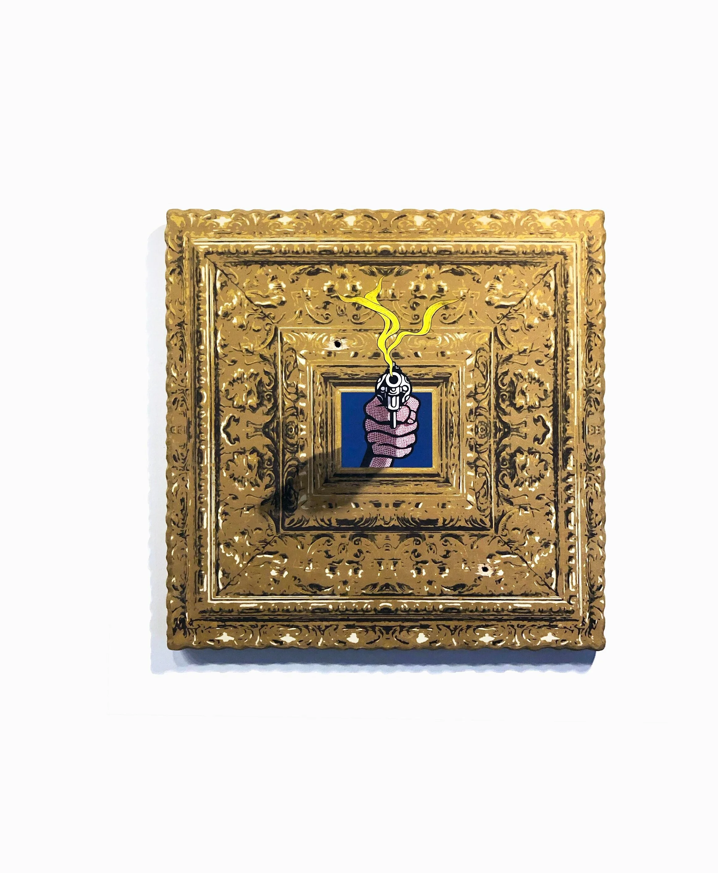   Ode To Lichtenstein  The Gun Fight (Right Hand)  Mixed media on hand cut wood panel 24in x 24in 2020 