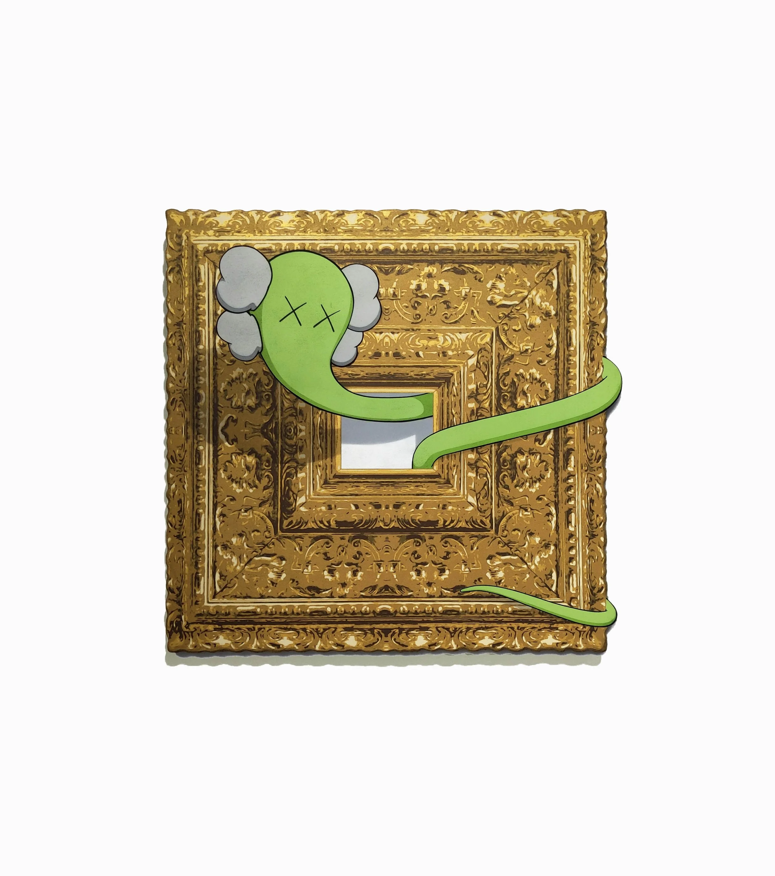   Ode to Kaws - green bendy  Mixed media on hand cut wood panel 24in x 24in 2022 