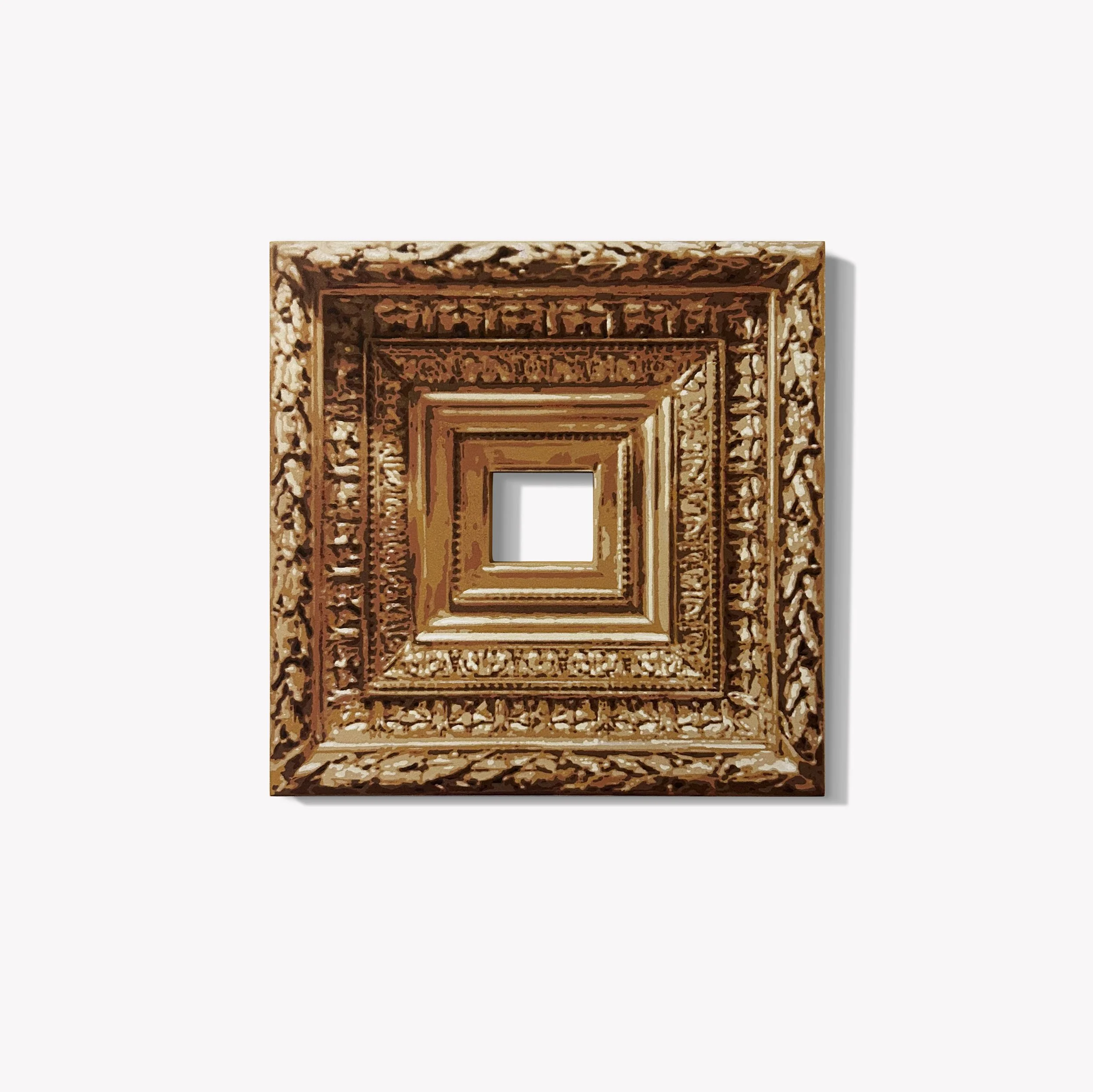   This is Not a Frame  Spray paint and acrylic on hand cut wood panel 12in x 12in 2025 