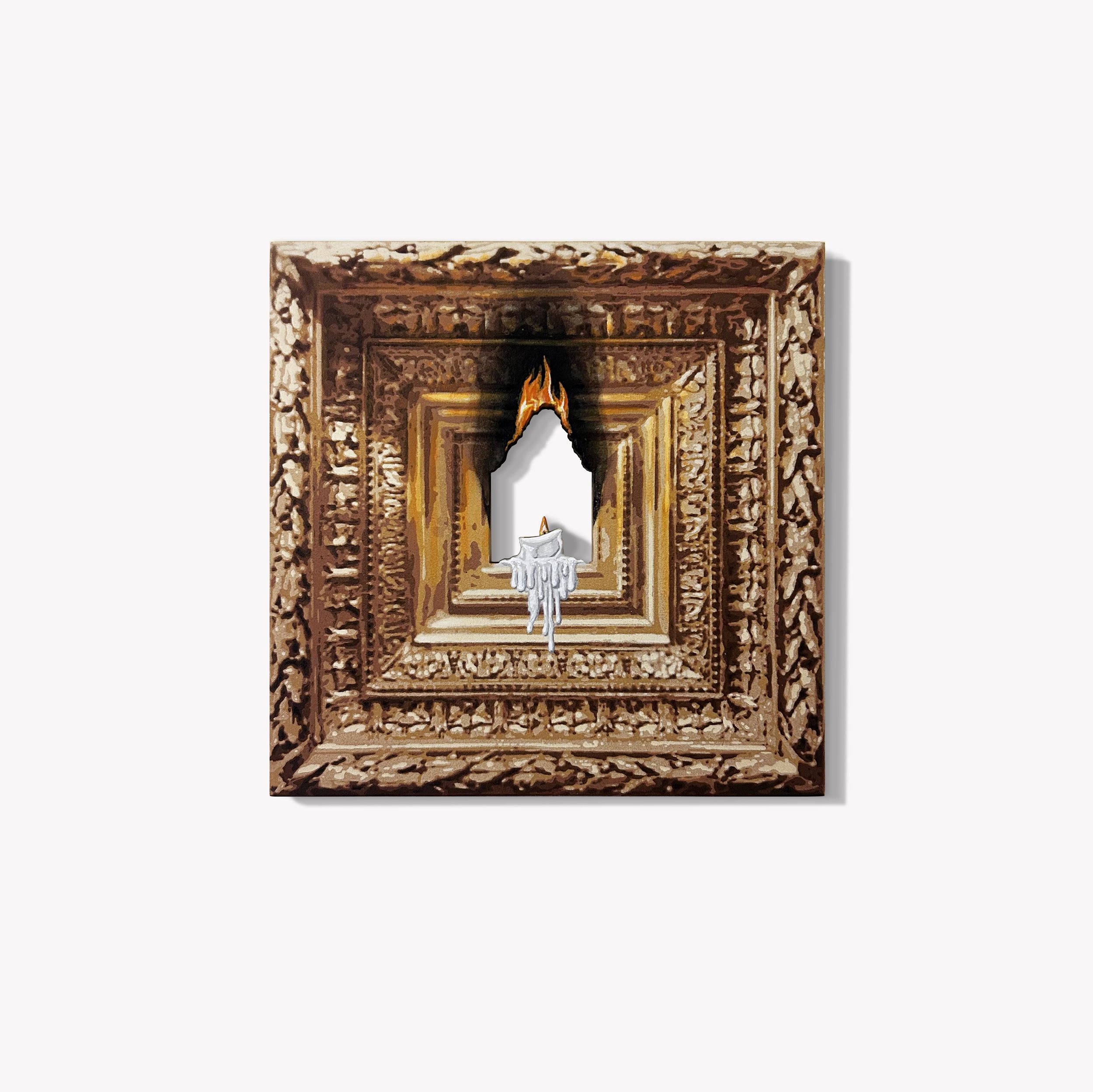   The Hero’s Journey  Spray paint and acrylic on hand cut wood panel 12in x 12in 2025 