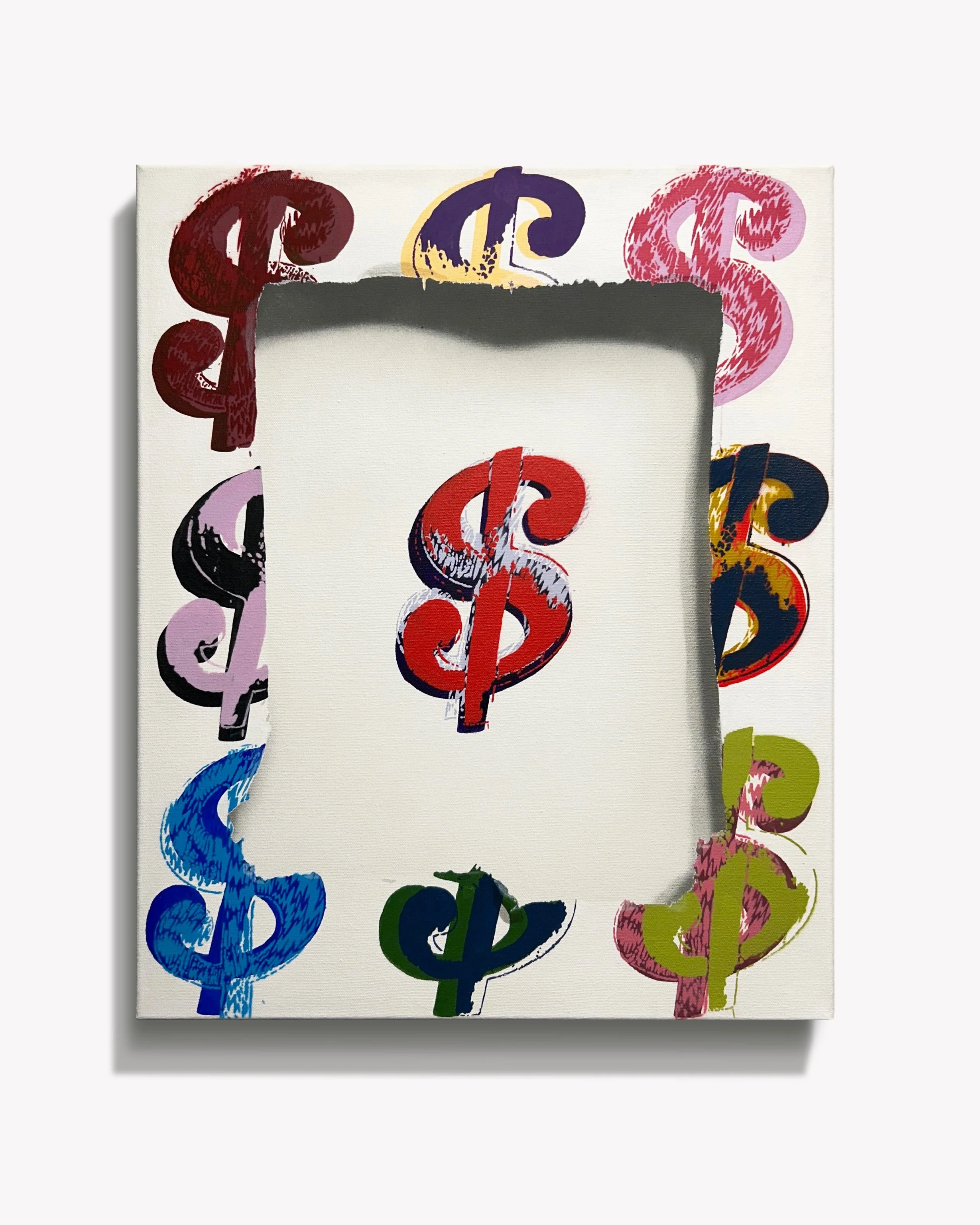 A Self-Portrait of Value 💰 

In &ldquo;Self Portrait No. 5,&rdquo; the dollar sign is both elevated and reduced to pattern. 
The cutout&hellip; an illusion. What looks to be a void is entirely hand-painted. 
The repetition of the symbol becomes subj